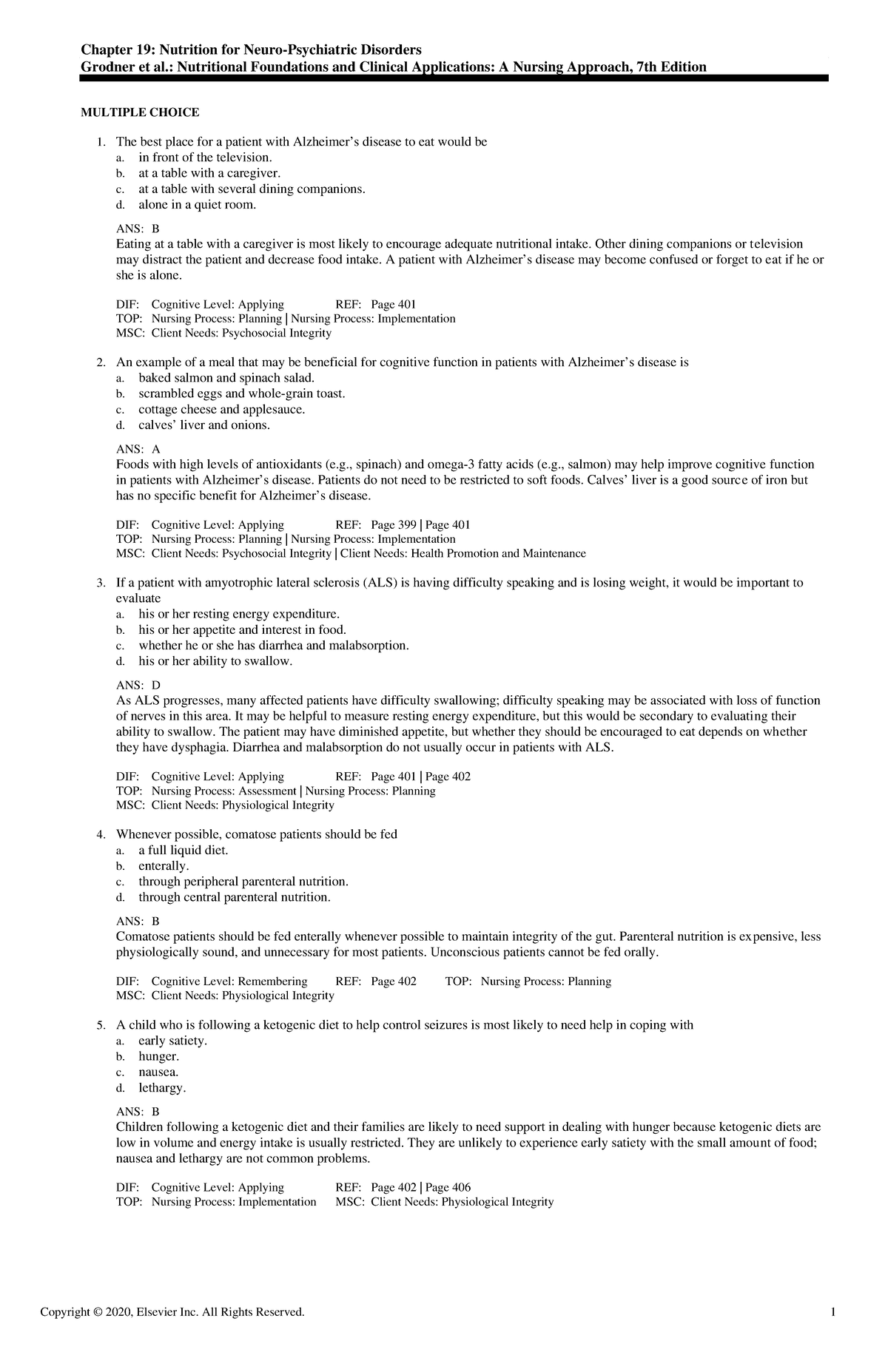 Exam View - Chapter 19 - Chapter 19: Nutrition for Neuro-Psychiatric ...