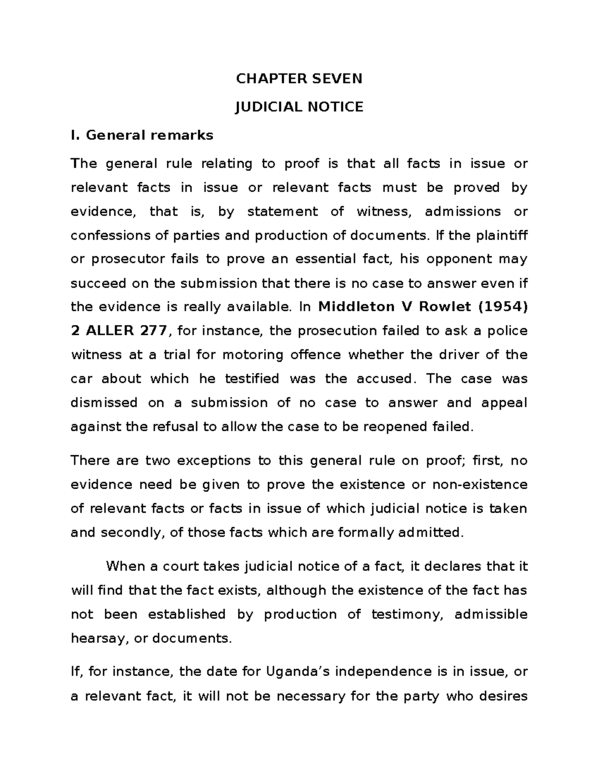 Evidence Notes-Chap 7 - JUDICIAL NOTICE - CHAPTER SEVEN JUDICIAL NOTICE ...