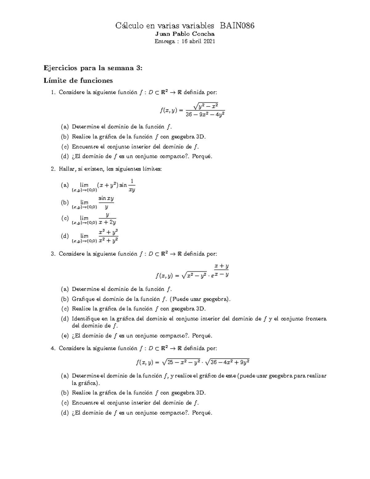 Gu A De Ejercicios De C Lculo En Varias Variables C Alculo En Varias Variables Bain Juan