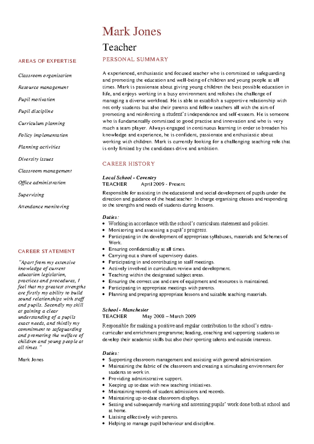 Teacher CV example 1 2 page - AREAS OF EXPERTISE Classroom organisation ...