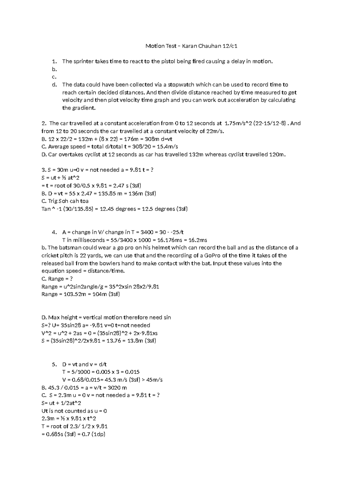 Motion test year 1 - Motion Test – Karan Chauhan 12/c The sprinter ...