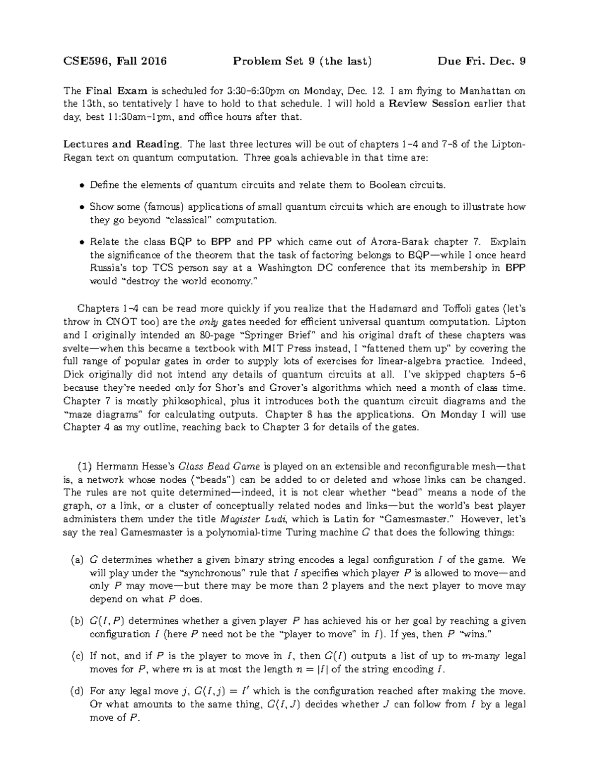 CSE596 problem set 9 fall 2016 q - CSE596, Fall 2016 Problem Set 9 (the ...