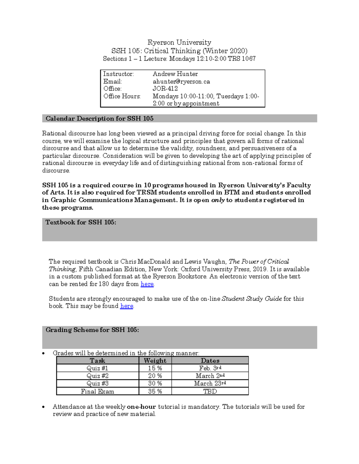 SSH 105 Syllabus W2020 (sections 1 - 12) - Ryerson University SSH 105 ...