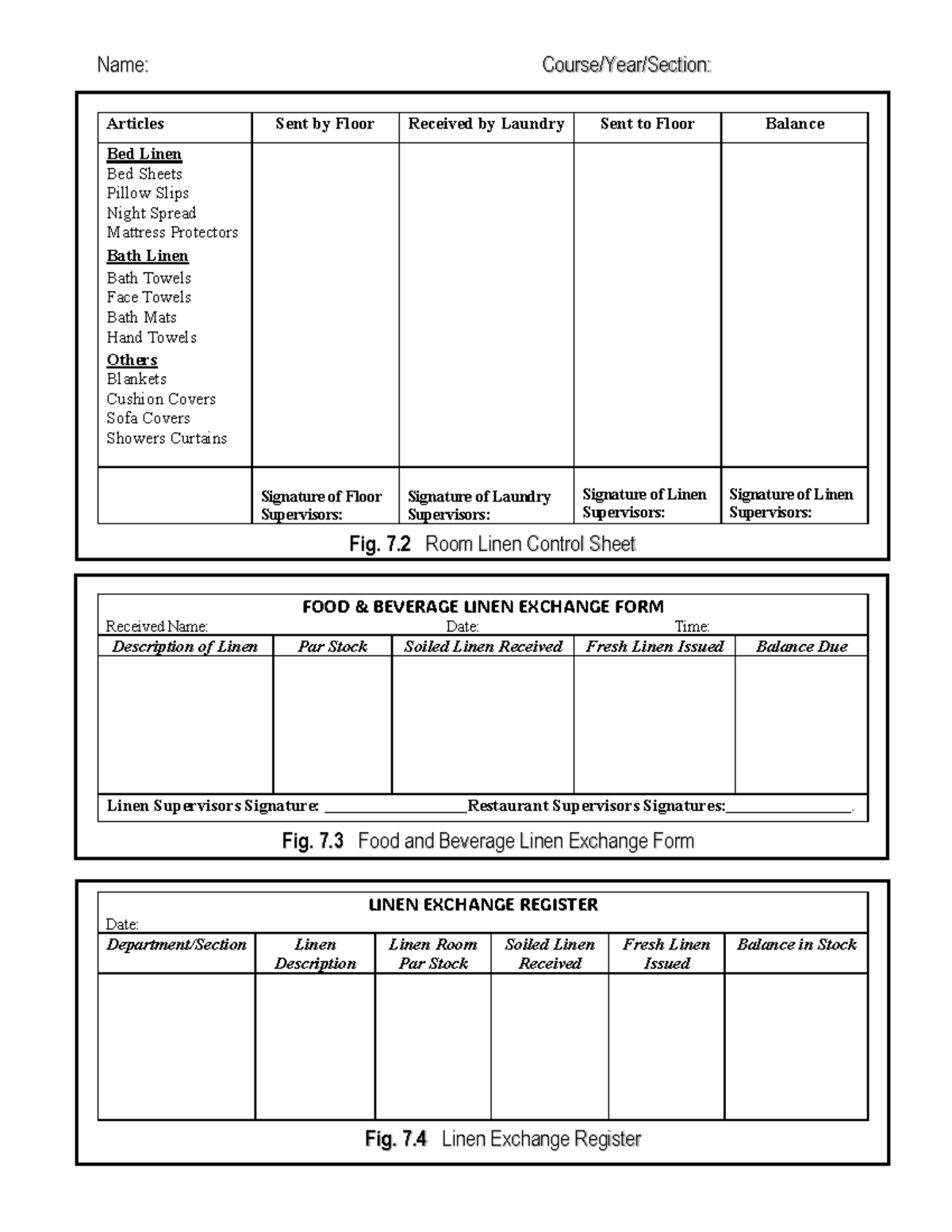 Form Linen for HM Students - Articles Sent by Floor Received by Laundry ...