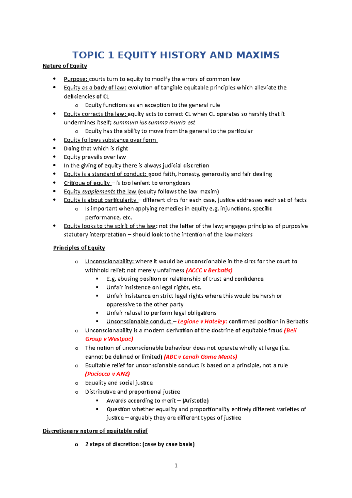 MLL405 Notes - TOPIC 1 EQUITY HISTORY AND MAXIMS Nature of Equity ...