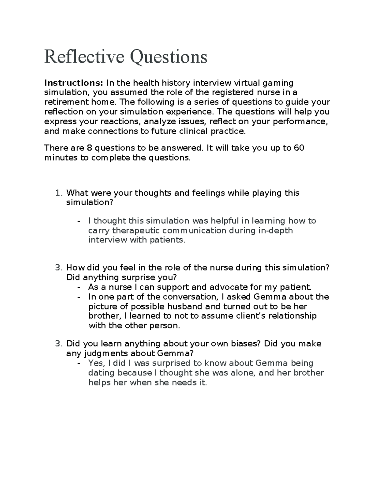 Reflective Questions Important Reflective Questions Instructions