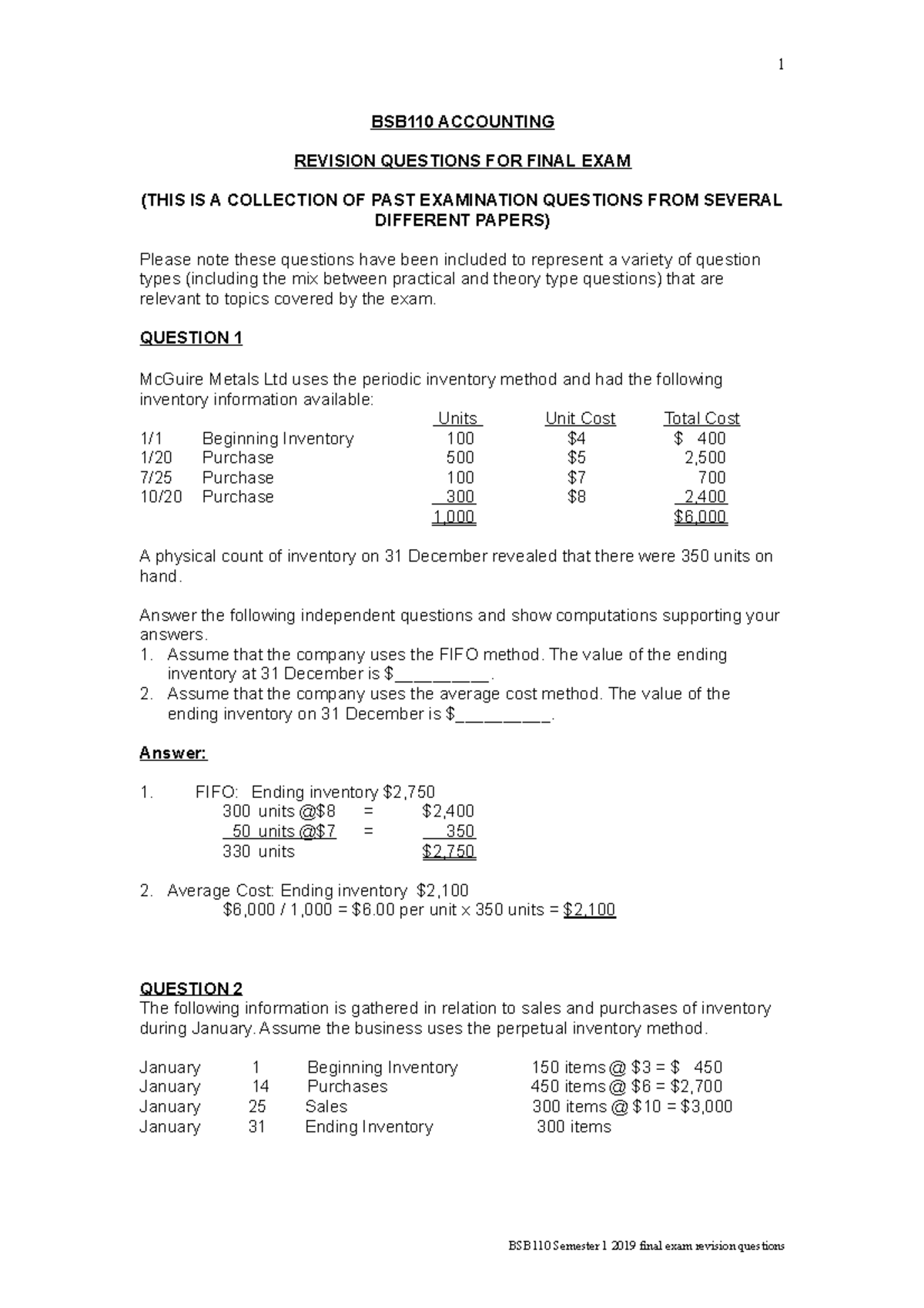 Final Exam Revision Questions And Answers - BSB110 ACCOUNTING REVISION ...