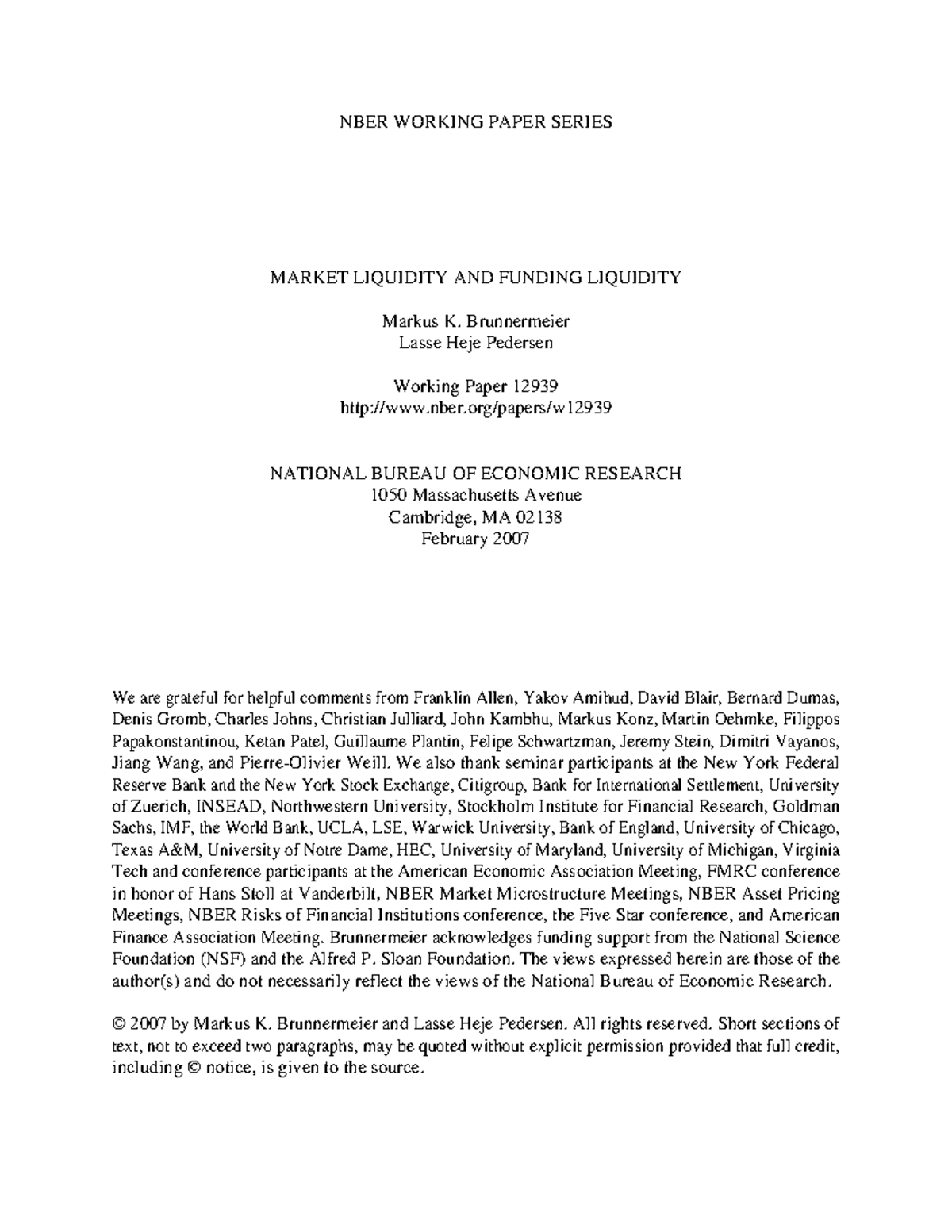 W12939 This Is A Paper NBER WORKING PAPER SERIES MARKET LIQUIDITY W12939 This Is A Paper NBER WORKING PAPER SERIES MARKET LIQUIDITY