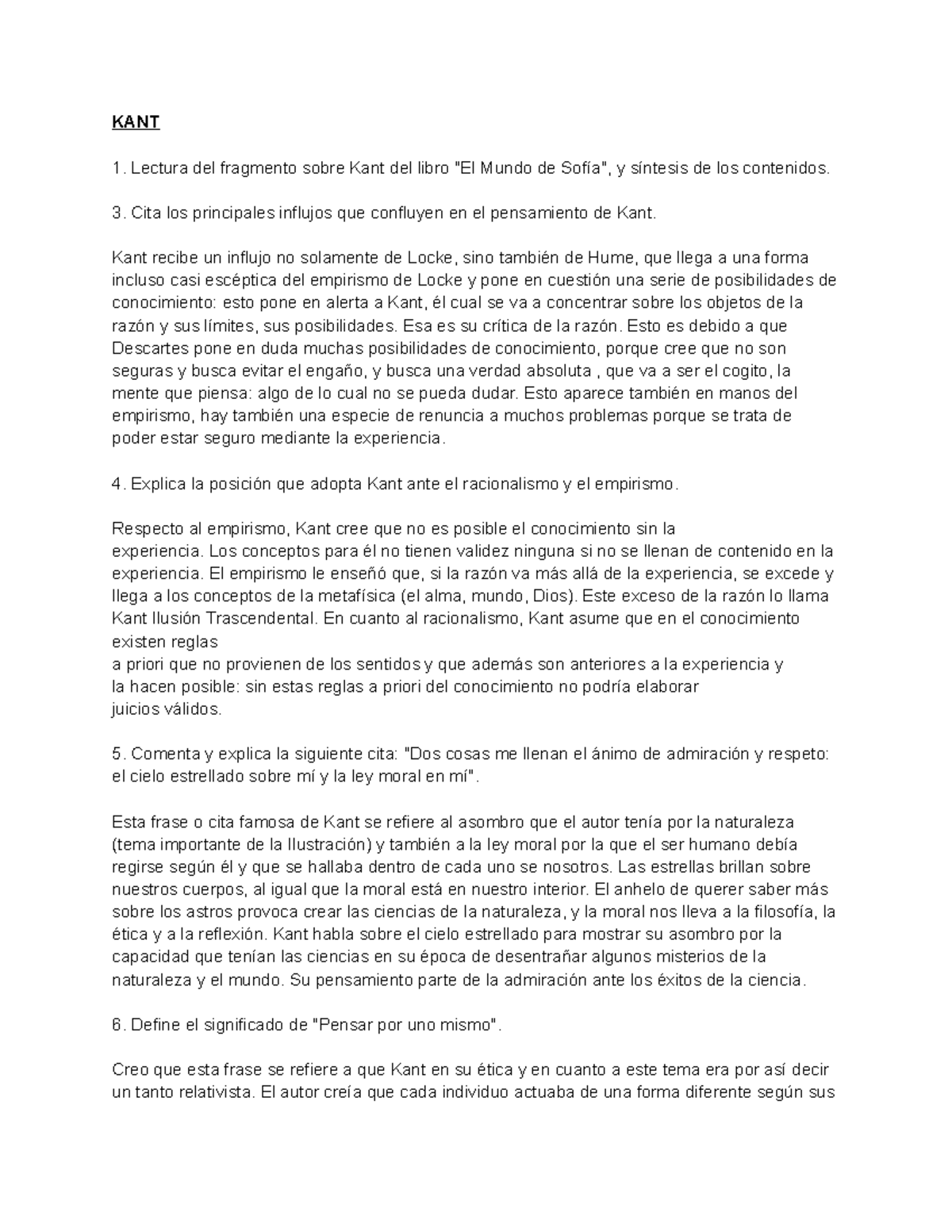 Kant - Todo Sobre Kant - KANT Lectura Del Fragmento Sobre Kant Del Libro "El Mundo De - Studocu