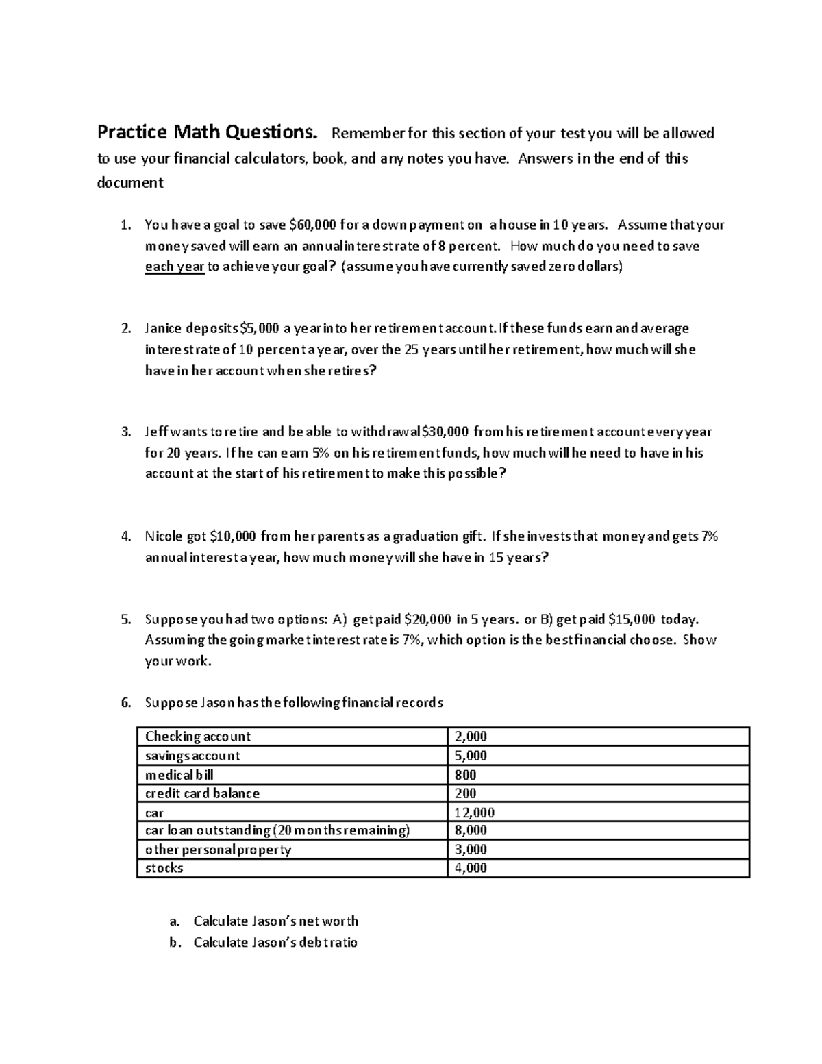 Personal Finance Test 1 Math Practice - Practice Math Questions ...