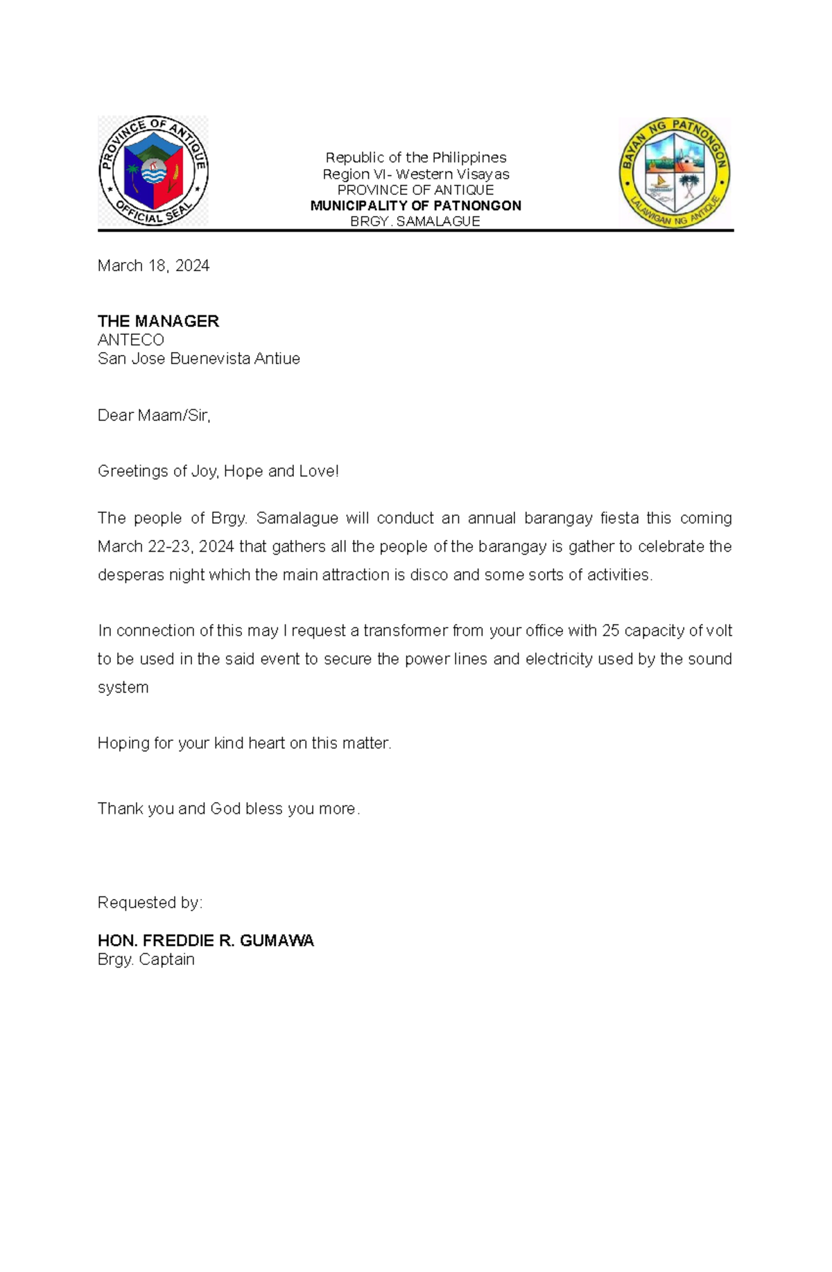 Letter SA anteco - Republic of the Philippines Region VI- Western ...