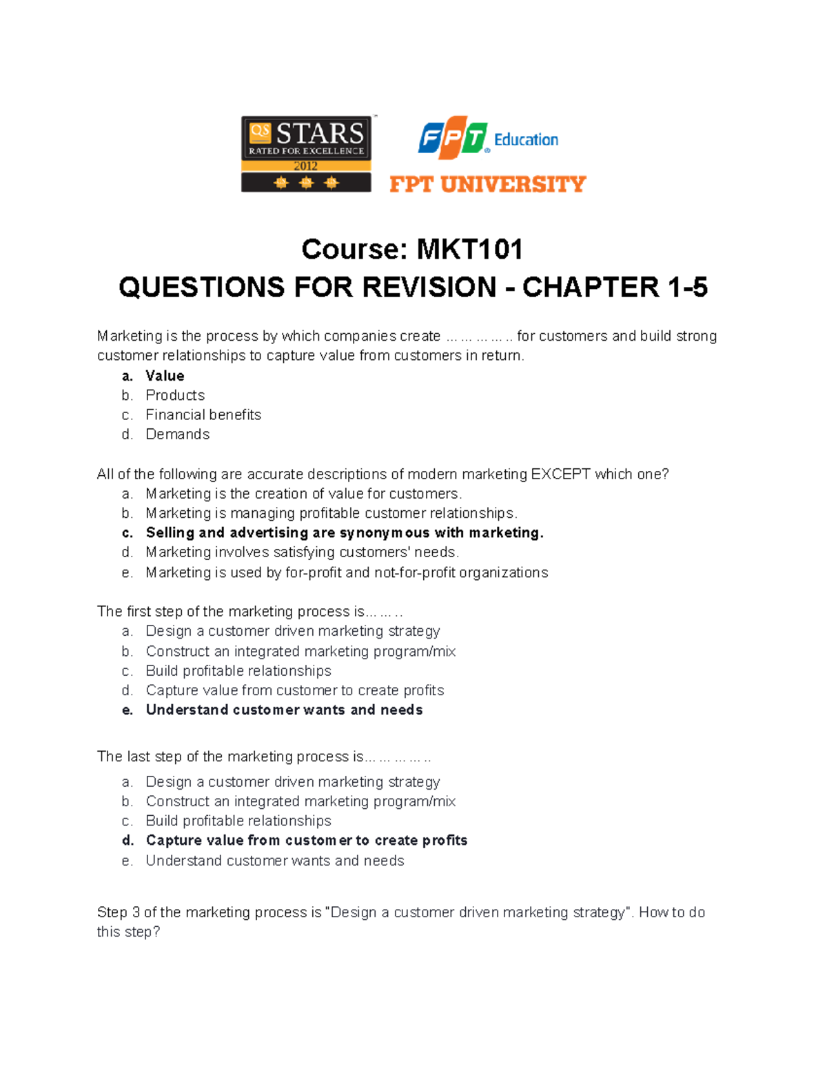 MKT101 Revision Chap1-5 - Course: MKT QUESTIONS FOR REVISION - CHAPTER ...