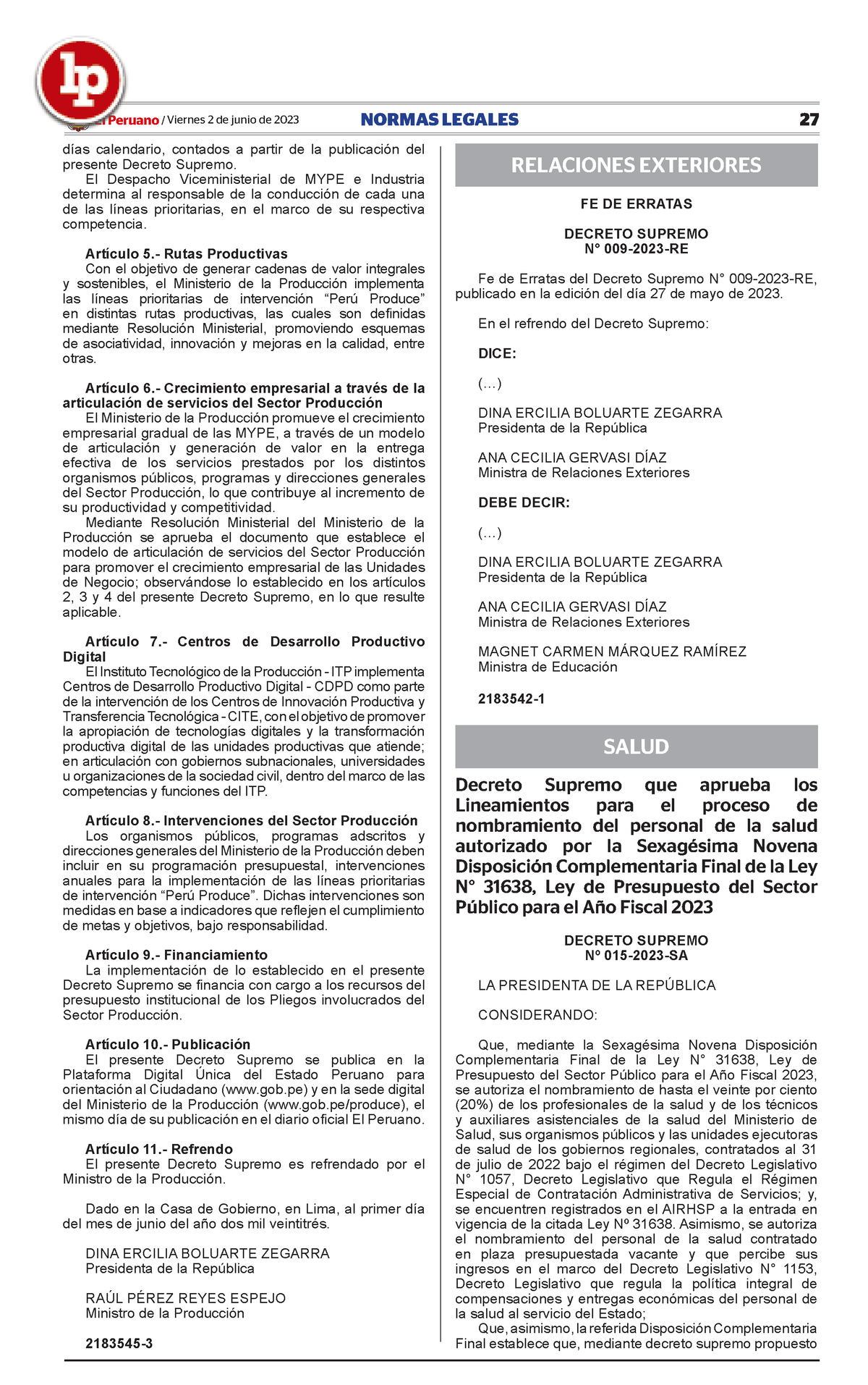 Decreto Supremo 015 2023 Sa LPDerecho - El Peruano /Viernes 2 De Junio ...