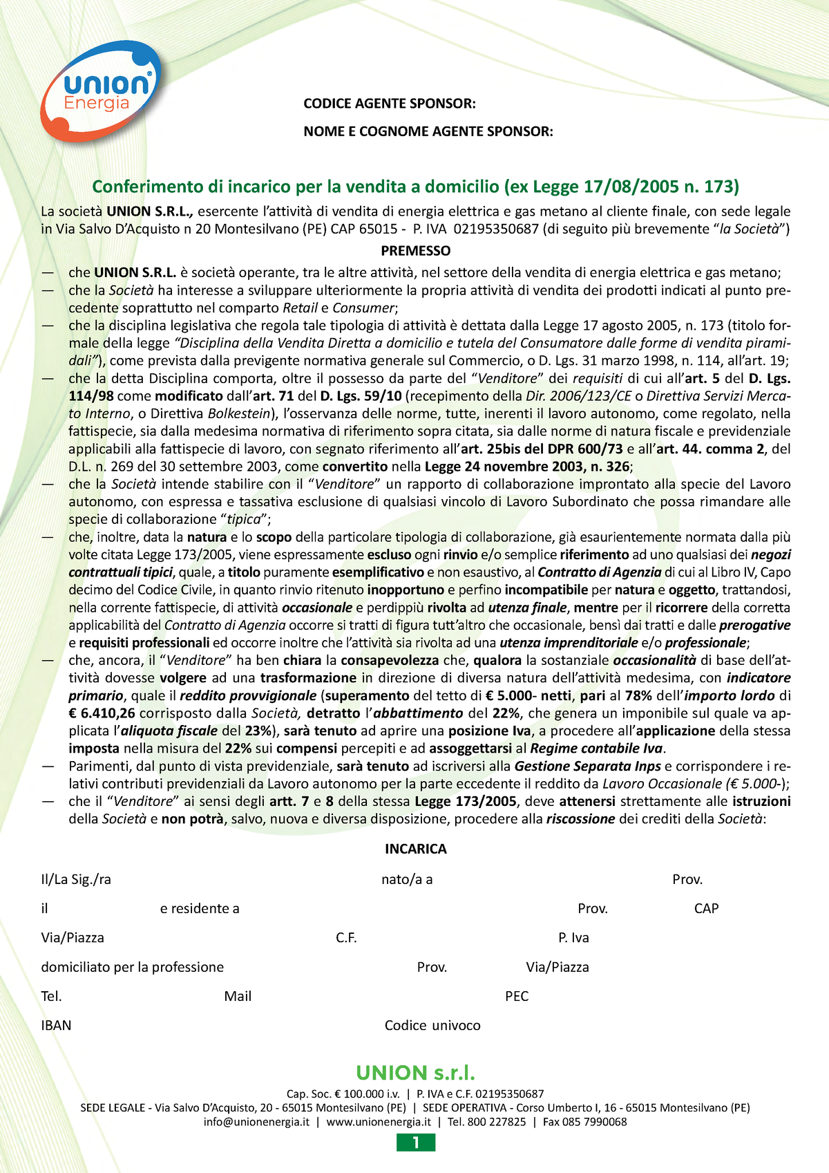 Conferimento Di Incarico Editabile Conferimento Di Incarico Per La Vendita A Domicilio Ex