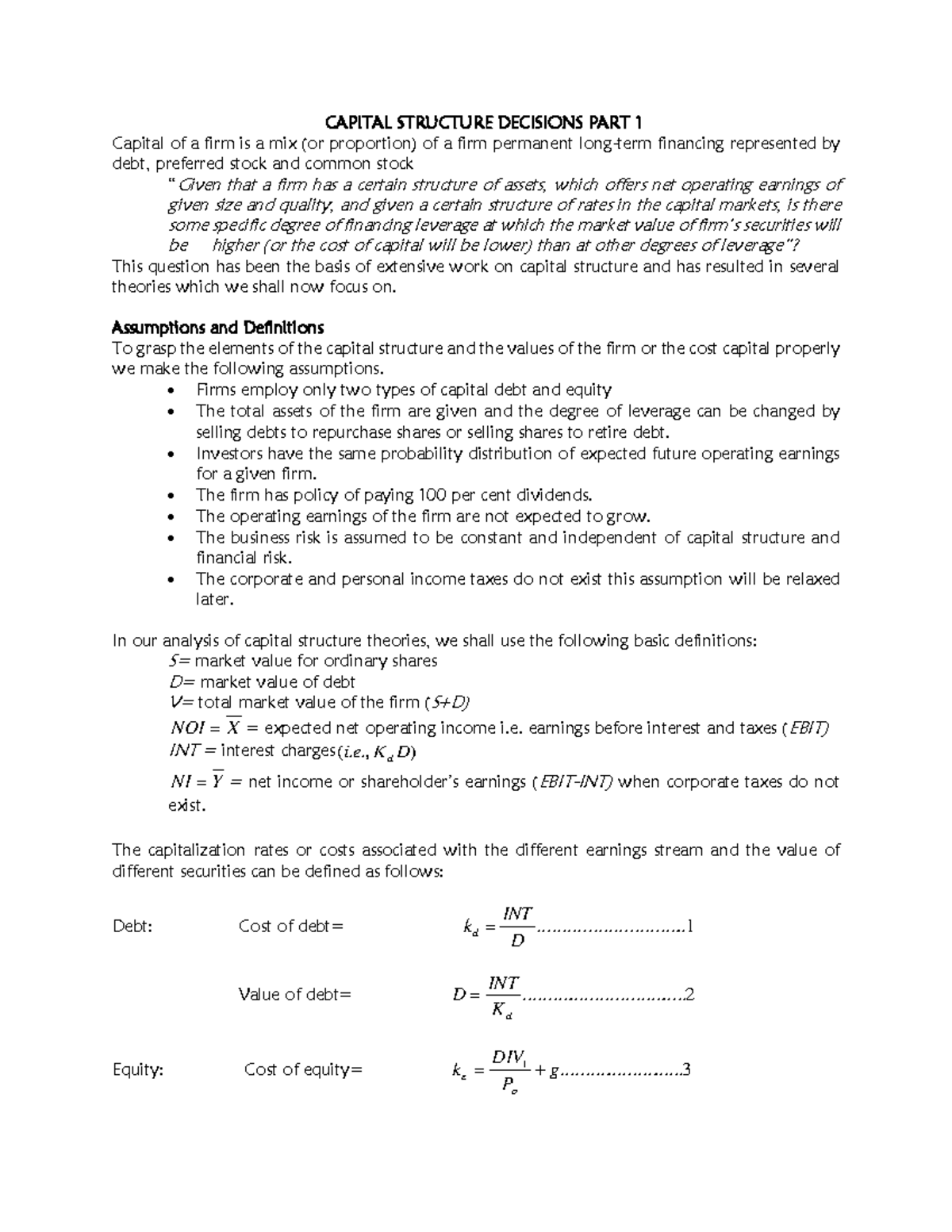 Capital Structure Decisions PART 1 - CAPITAL STRUCTURE DECISIONS PART 1 ...
