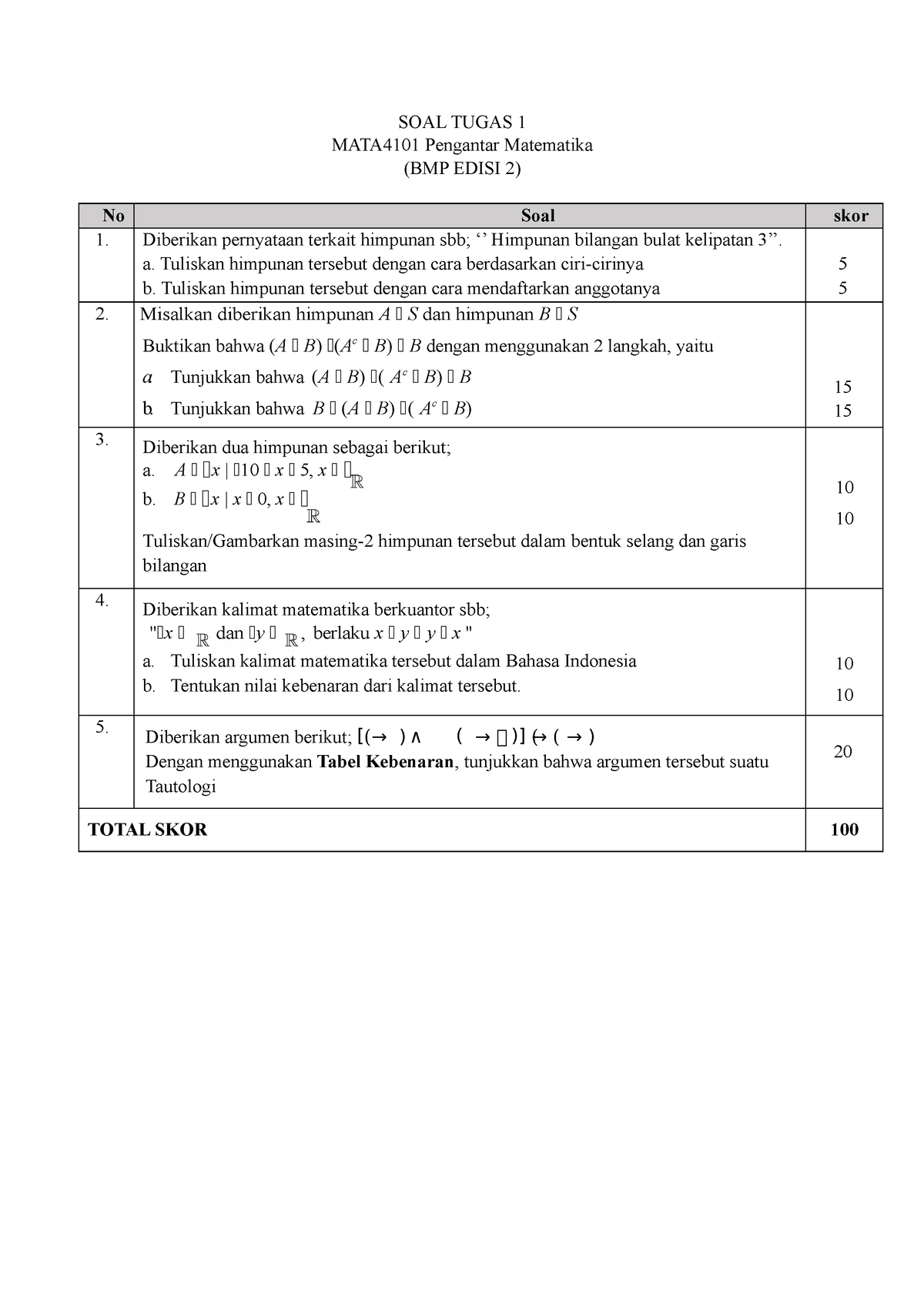 Tugas 1 - HANYA SOAL SAJA - SOAL TUGAS 1 MATA4101 Pengantar Matematika ...