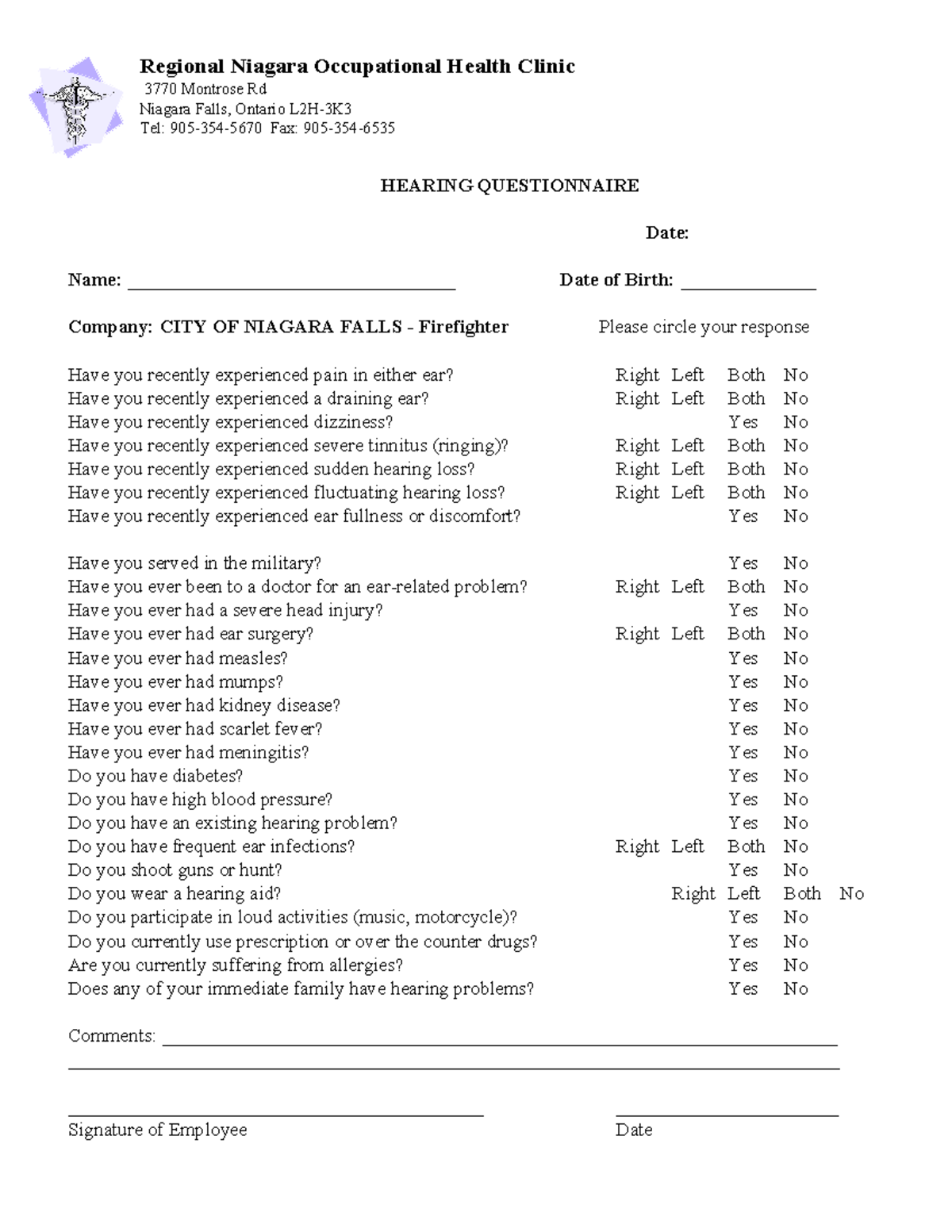 Hearing Questionnaire HEARING QUESTIONNAIRE Date Name