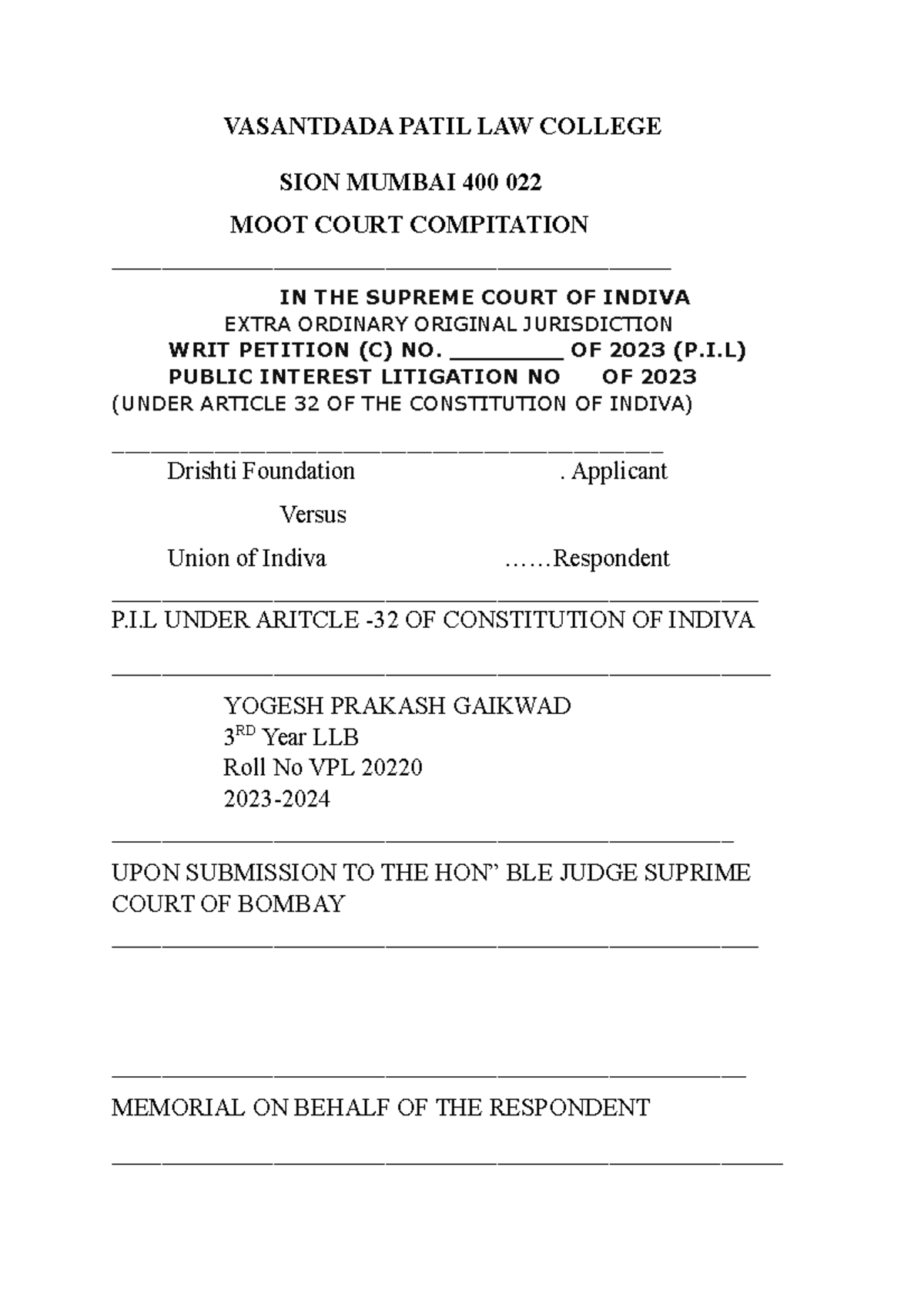 Draft of court pleading - VASANTDADA PATIL LAW COLLEGE SION MUMBAI 400 ...