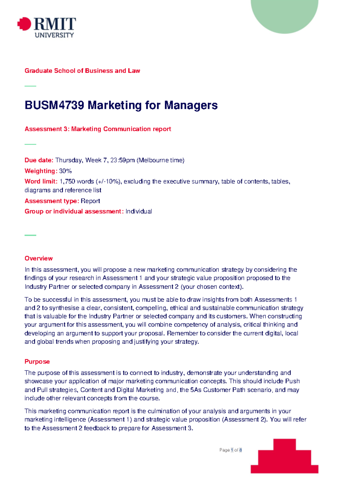 BUSM4739 Assessment 3 brief - Graduate School of Business and Law ...