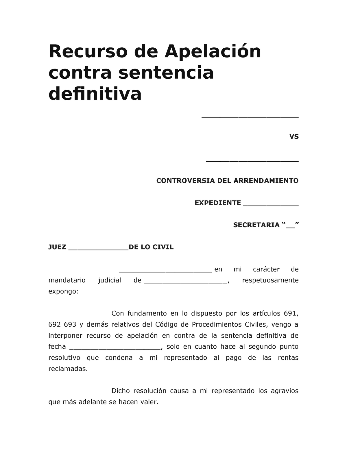 Formato Recurso de Apelación contra sentencia definitiva - Recurso de  Apelación contra sentencia - Studocu