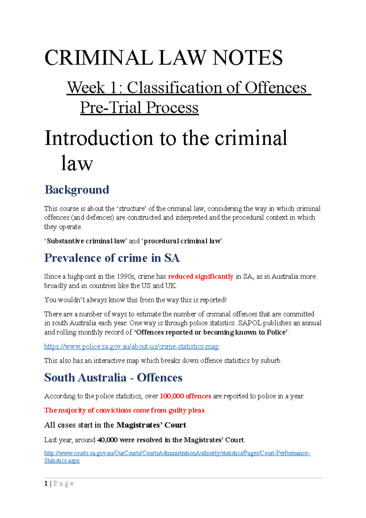 Weekly Notes Week 1 - Criminal Law - CRIMINAL LAW NOTES Week 1 ...