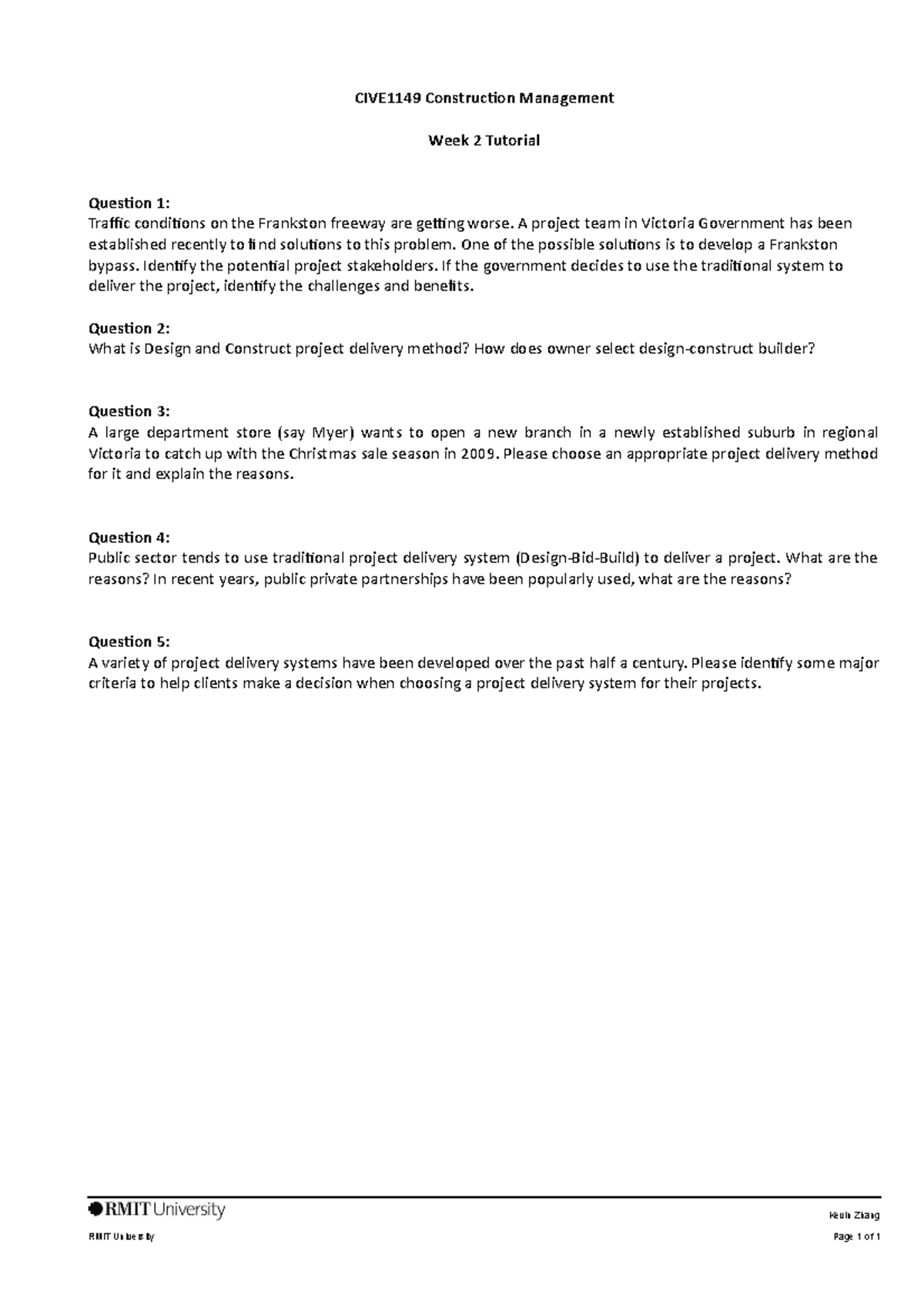 Week 2 Tutorial Questions - 2019 - CIVE1149 Construction Management ...