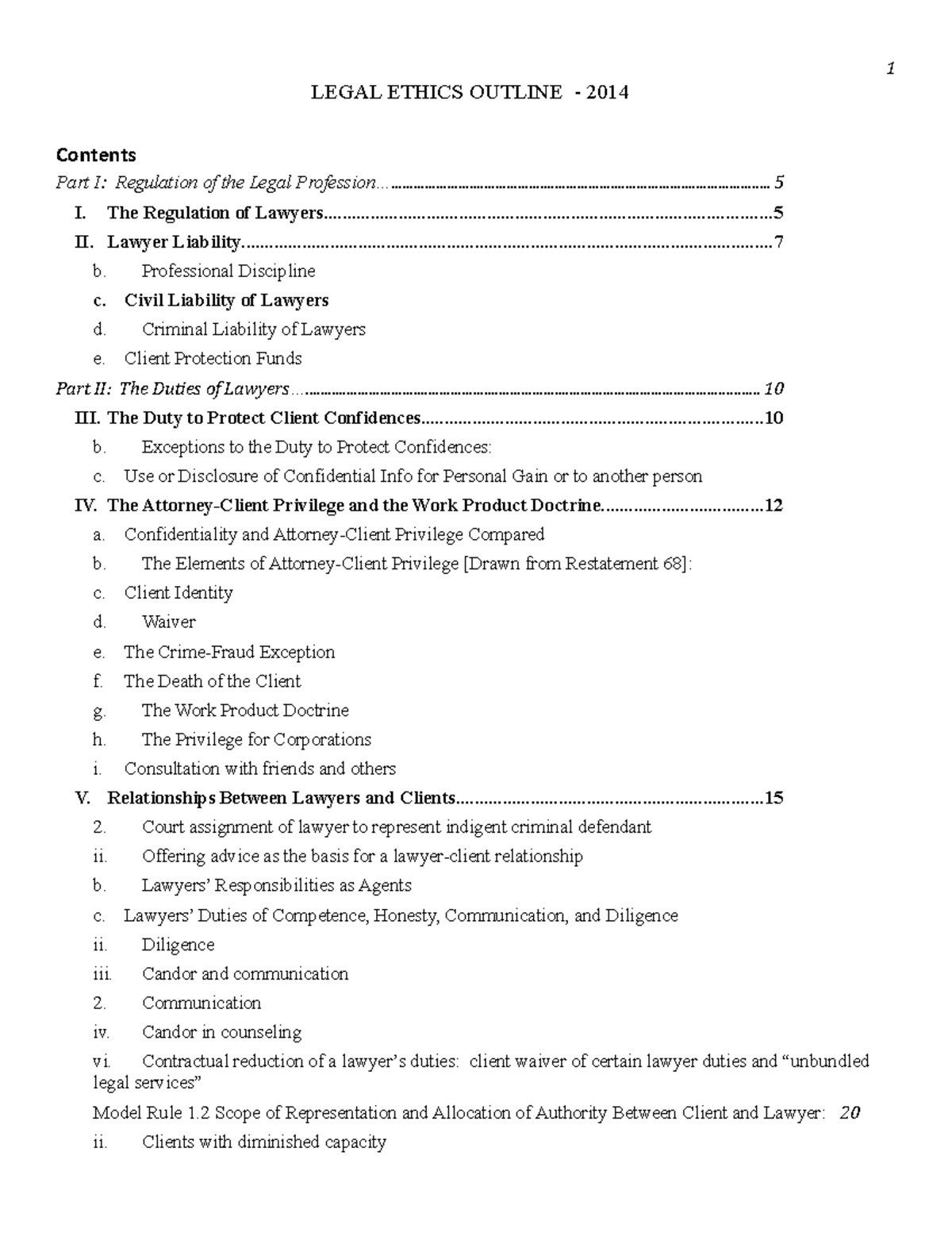 Milles Ethics Fall 2014 43 pages Charts LEGAL ETHICS OUTLINE 2014