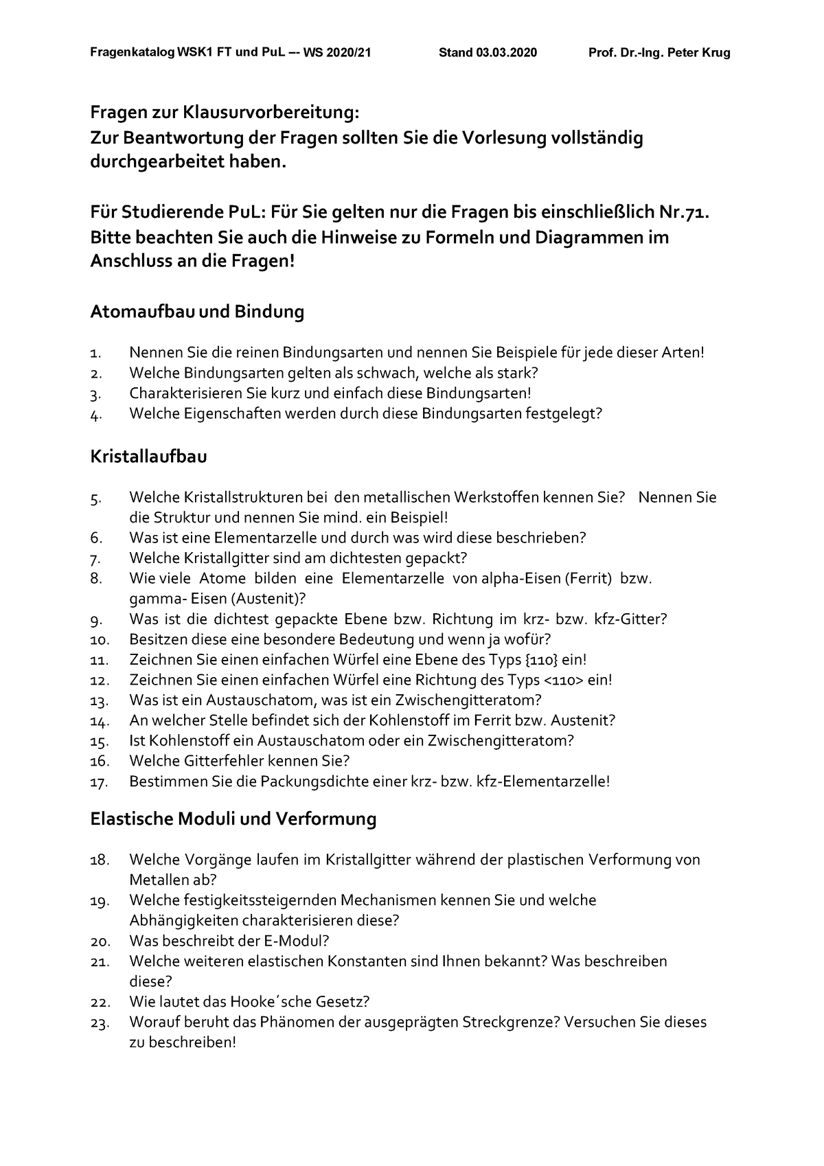 Fragenkatalog Klausurvorbereitung WK1 WS20 21 - Fragen Zur ...