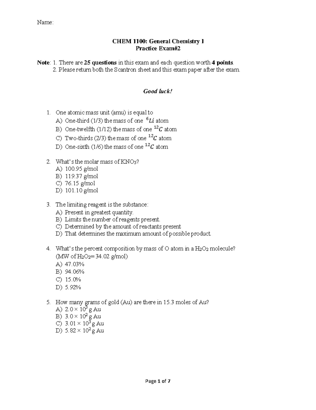 Practice Exam 2,180221-2 - CHEM 1100: General Chemistry I Practice Exam ...