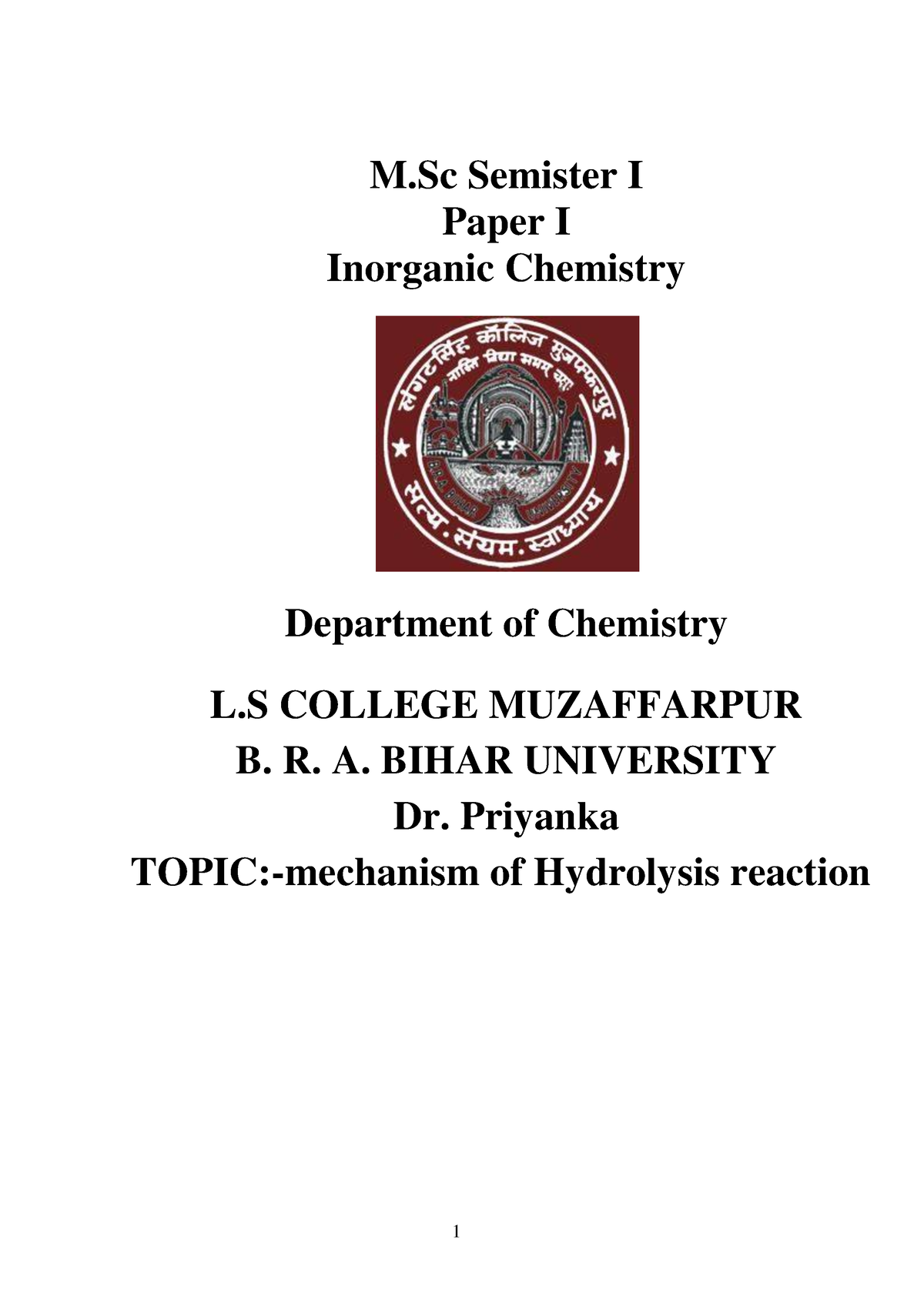 PG semister 1 mechanism of hydrolysis reaction - M Semister I Paper I ...