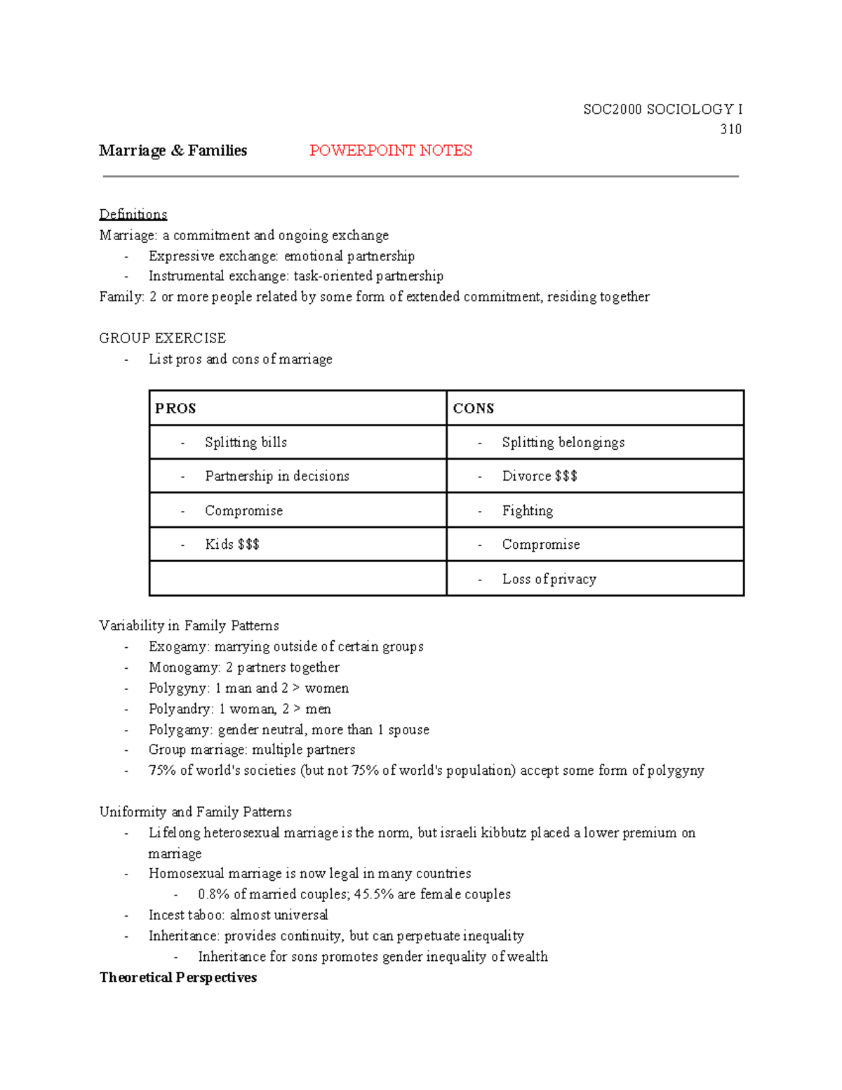 W9 Notes - SOC2000 SOCIOLOGY I 310 Marriage & Families POWERPOINT NOTES ...