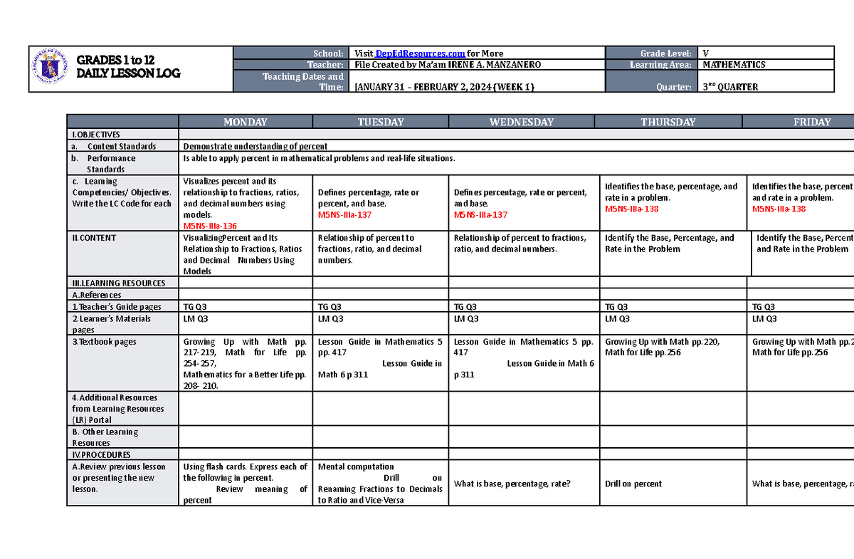 DLL Mathematics 5 Q3 W1 - kkkk - GRADES 1 to 12 DAILY LESSON LOG School ...