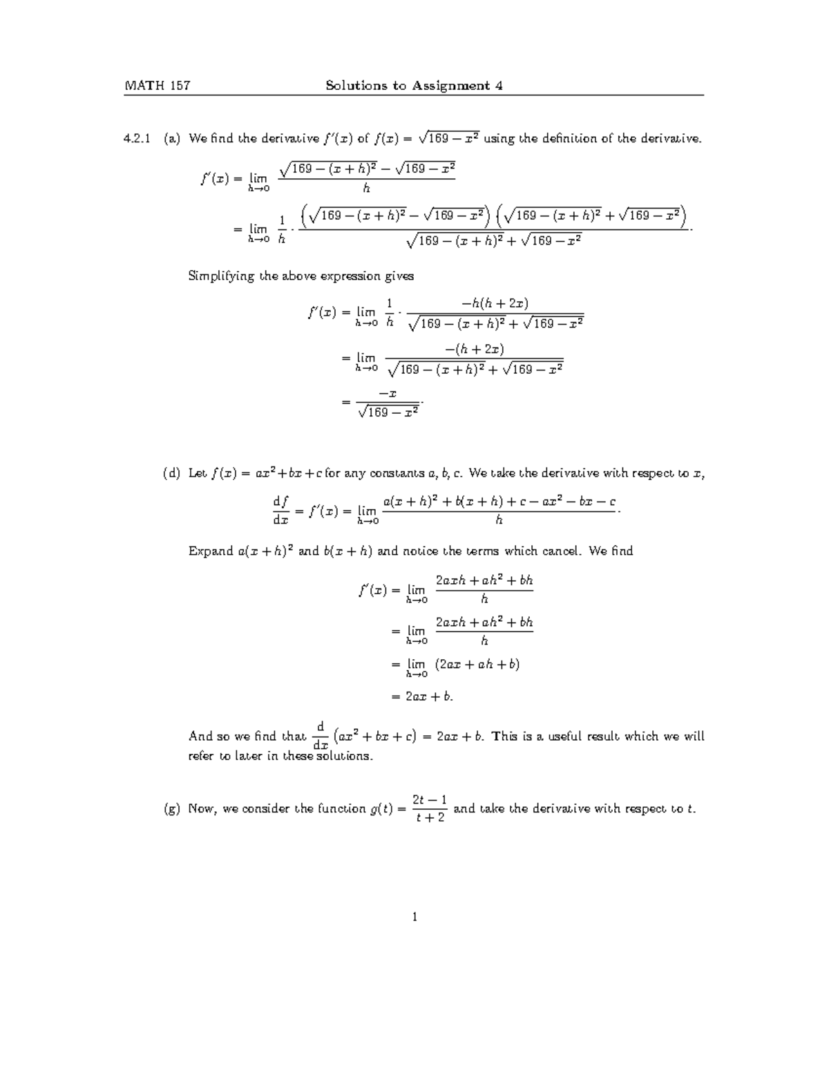 157CNQ4 - 4 week lecture notes - 4.2 (a) We find the derivative f ′ (x ...