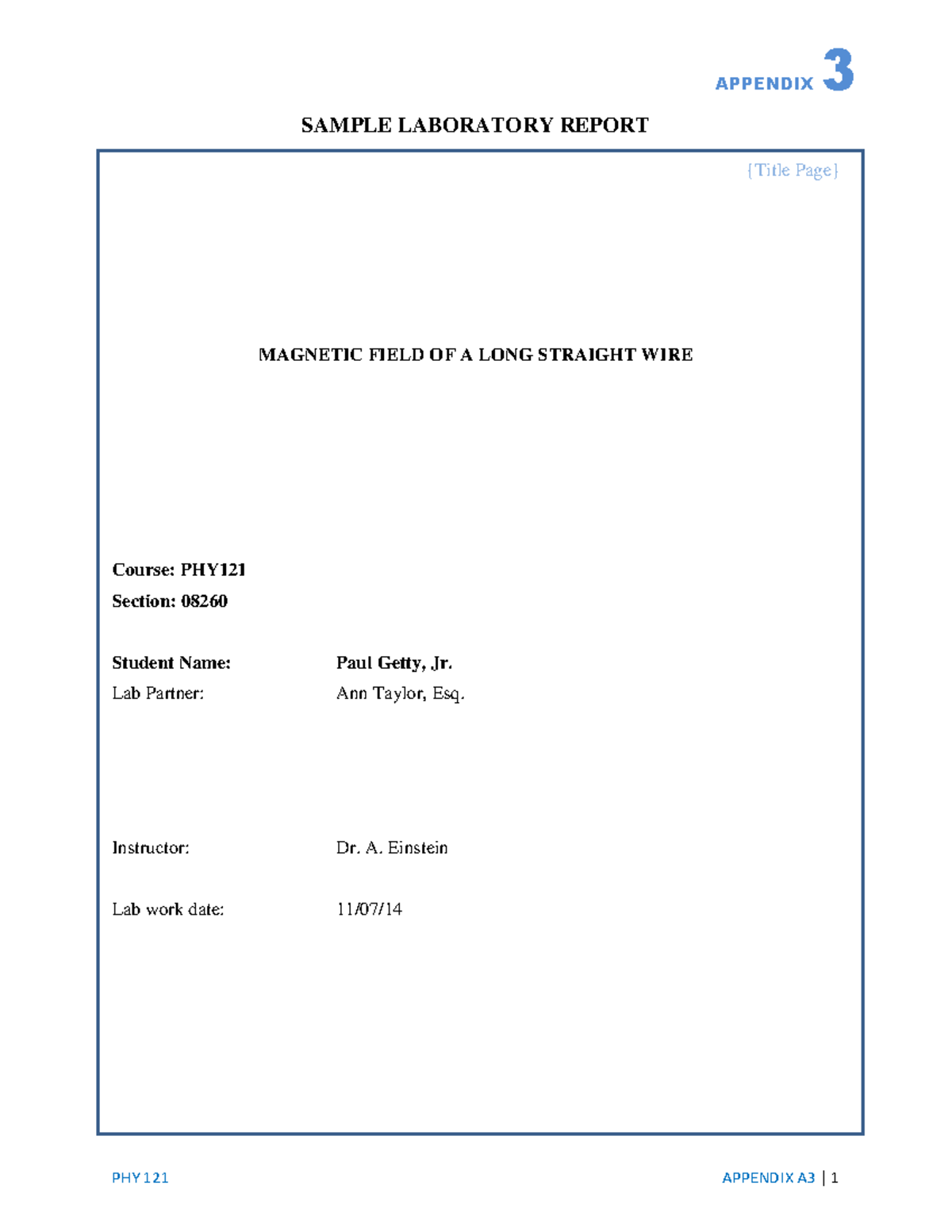 PHY121Spring 2021Appendix A 3Sample Lab Report - PHY 121 APPENDIX A3 ...