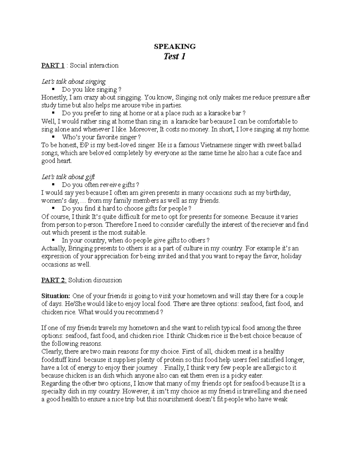 Tài Chính Doanh Nghiệp - SPEAKING Test 1 PART 1 : Social interaction ...