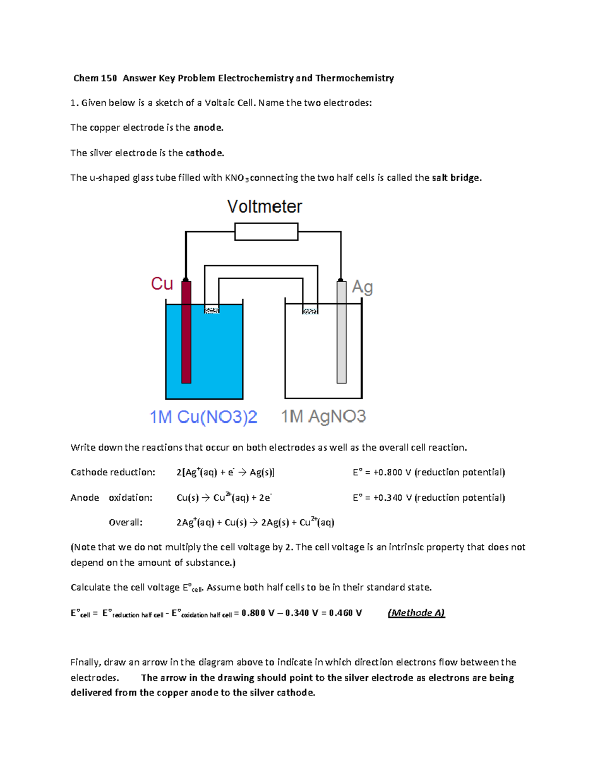 Answer Key Problem Set 6 Electro and Thermo Chemistry Chem 150 Answer