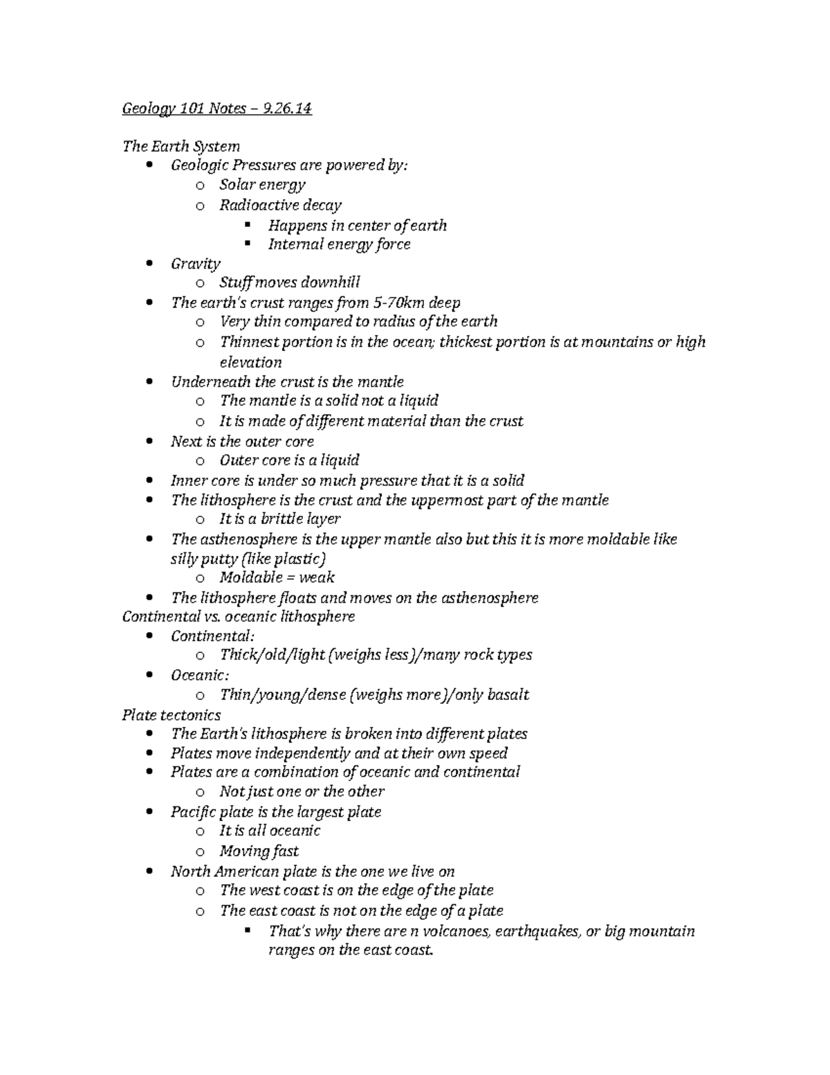 Geology 101 Notes – 9/26/14 - Geology 101 Notes – 9. The Earth System ...