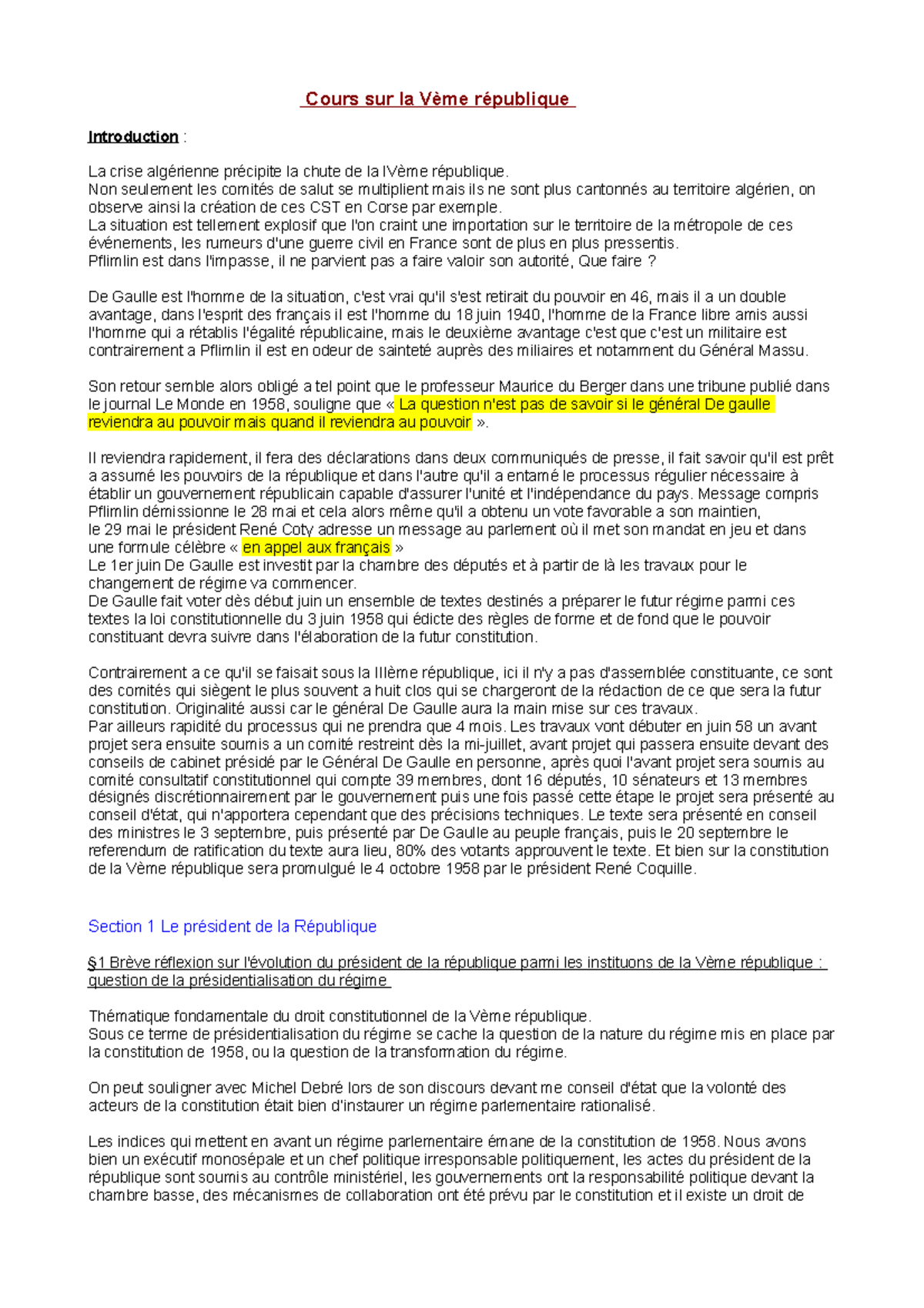 Developpement Construit Sur La 5Eme Republique