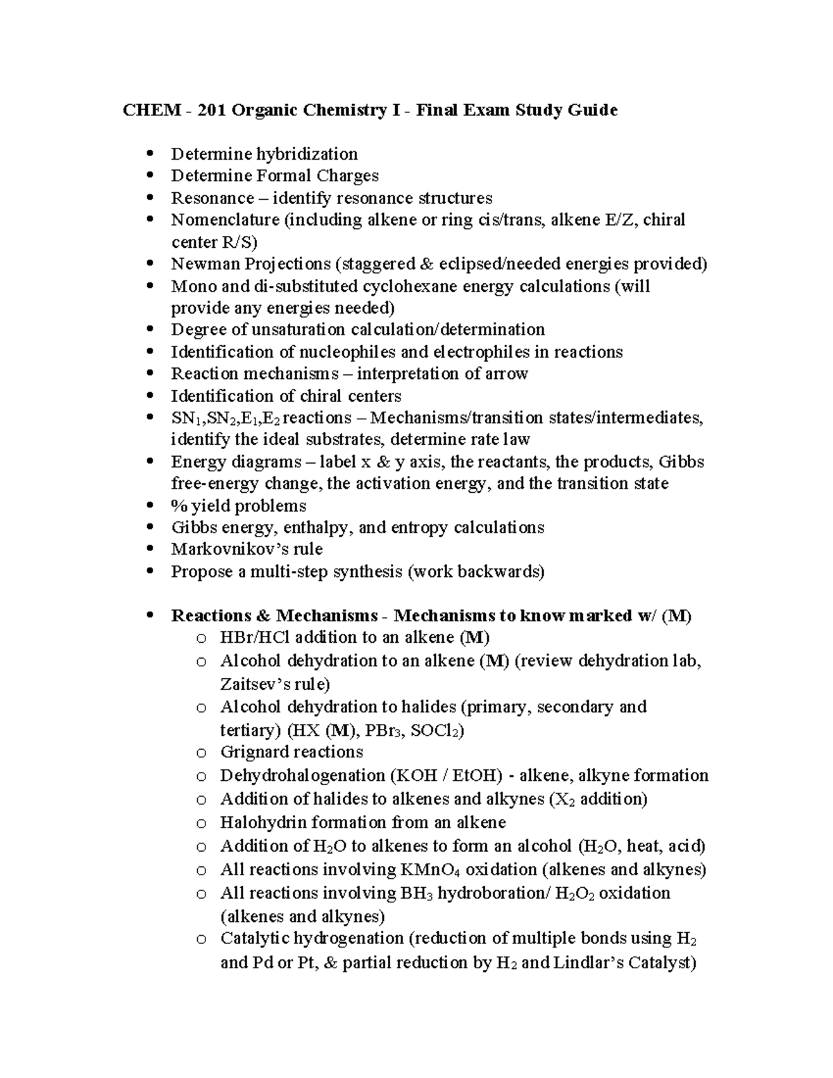 Final Exam Study Guide 2019 - CHEM - 201 Organic Chemistry I - Final ...