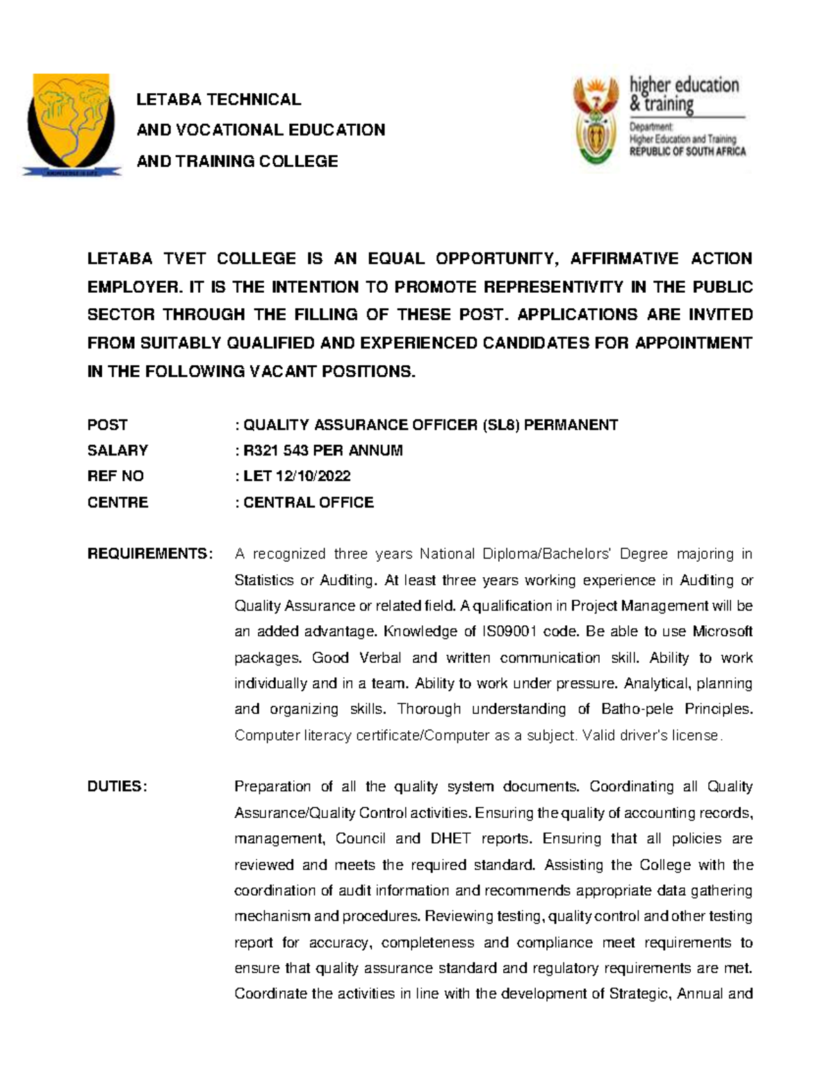 FULL Advert October Closing Dates 14 November 2022 - LETABA TECHNICAL ...