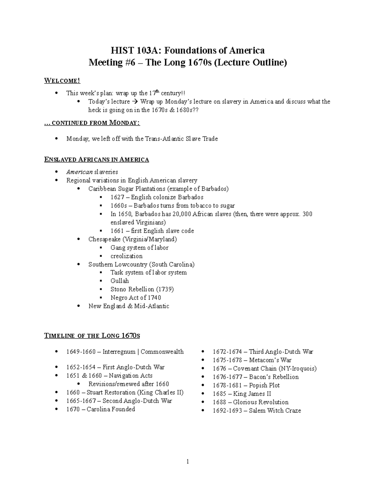 FA #06 - The Long 1670s (Lecture Outline) - HIST 103A: Foundations Of ...