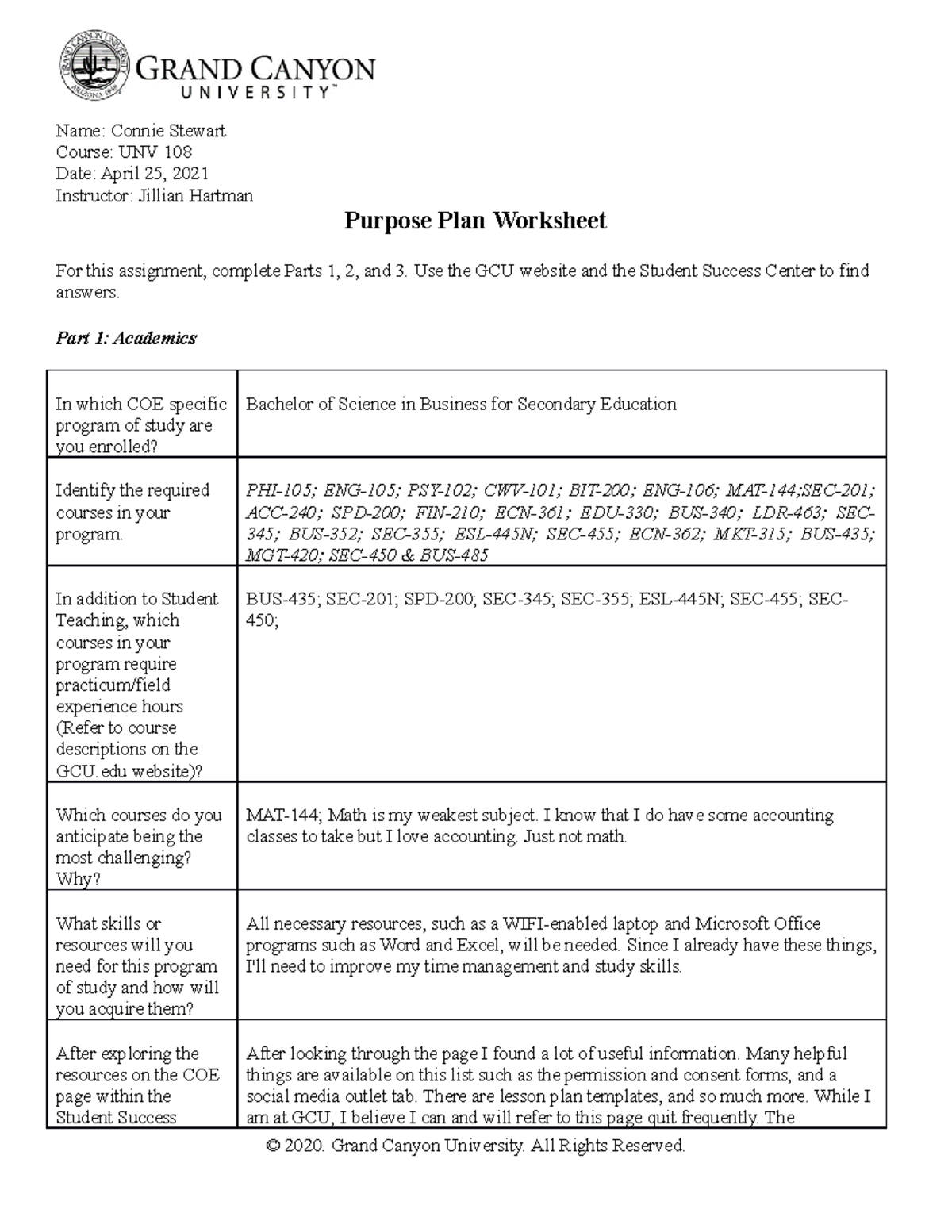 UNV-108 T4-Purpose Plan - Name: Connie Stewart Course: UNV 108 Date ...