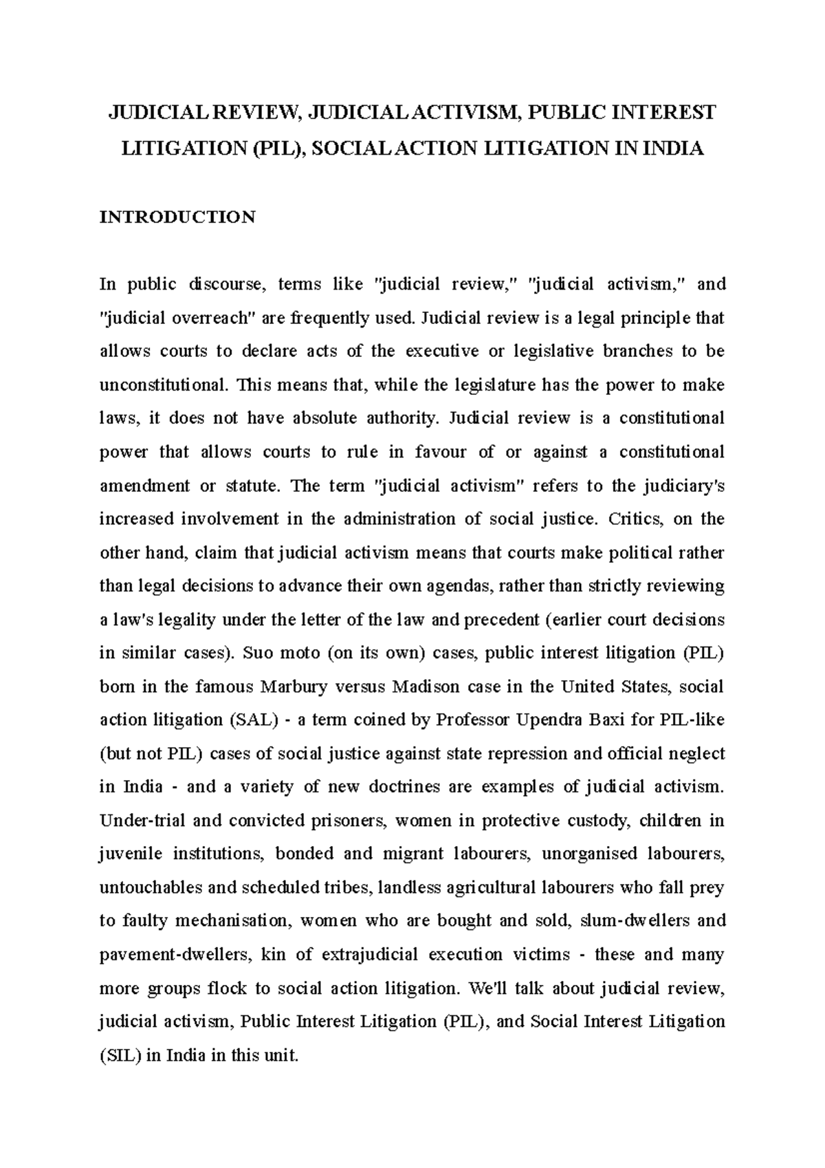 Judicial Review, Judicial Activism, Public Interest Litigation (PIL