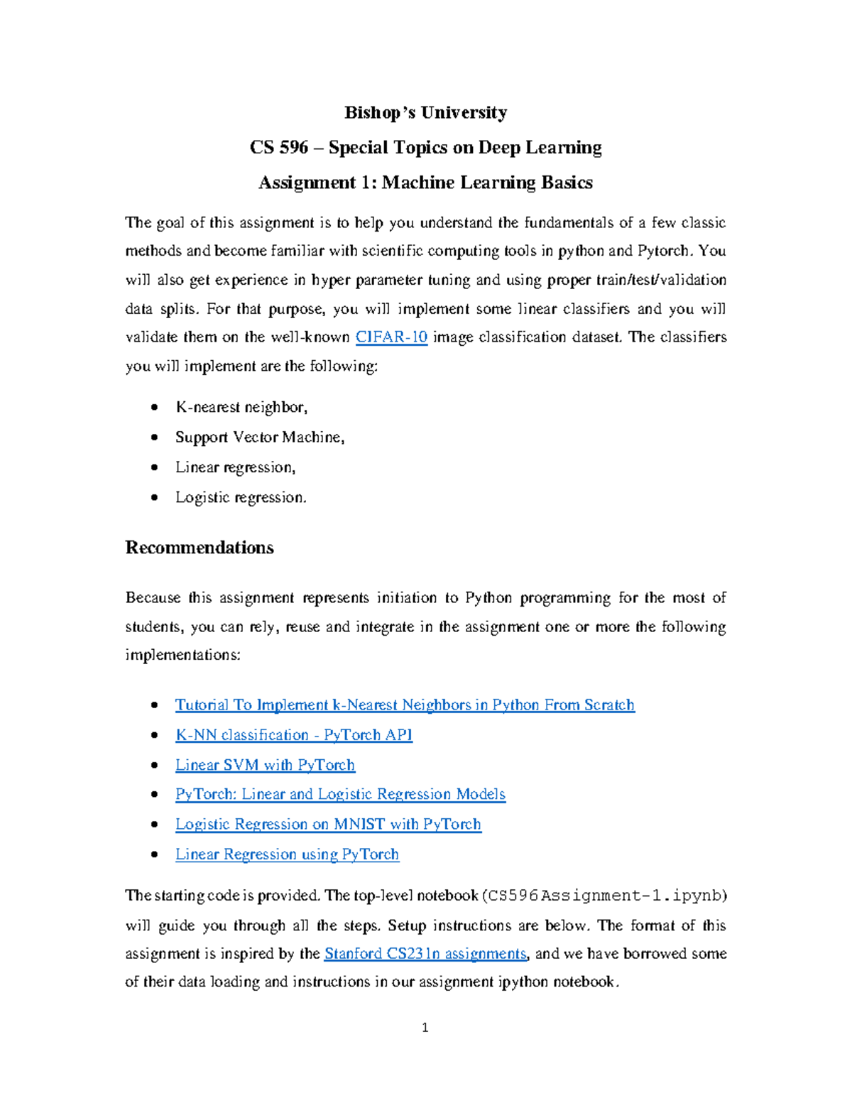 Assignment 1 Machine Learning Basics - 1 Bishop’s University CS 596 ...