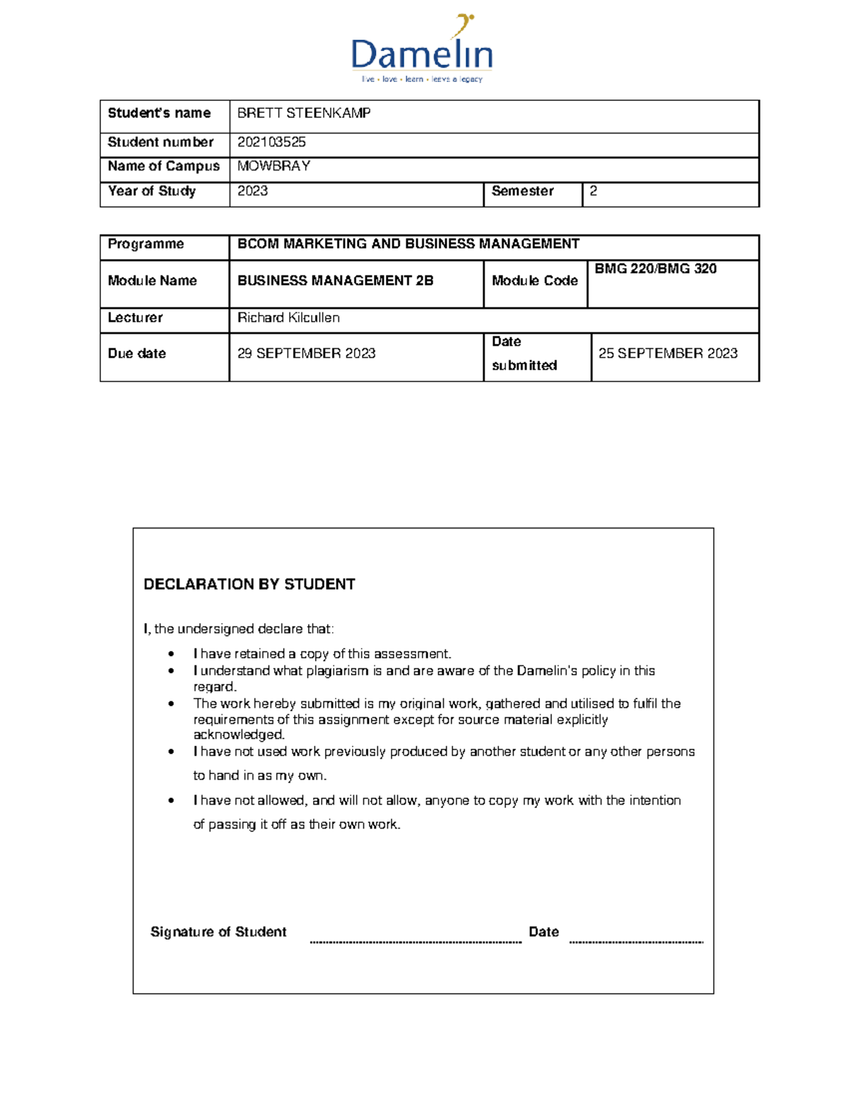 Business Management 2B Assignmnent 2 - Student’s name BRETT STEENKAMP ...