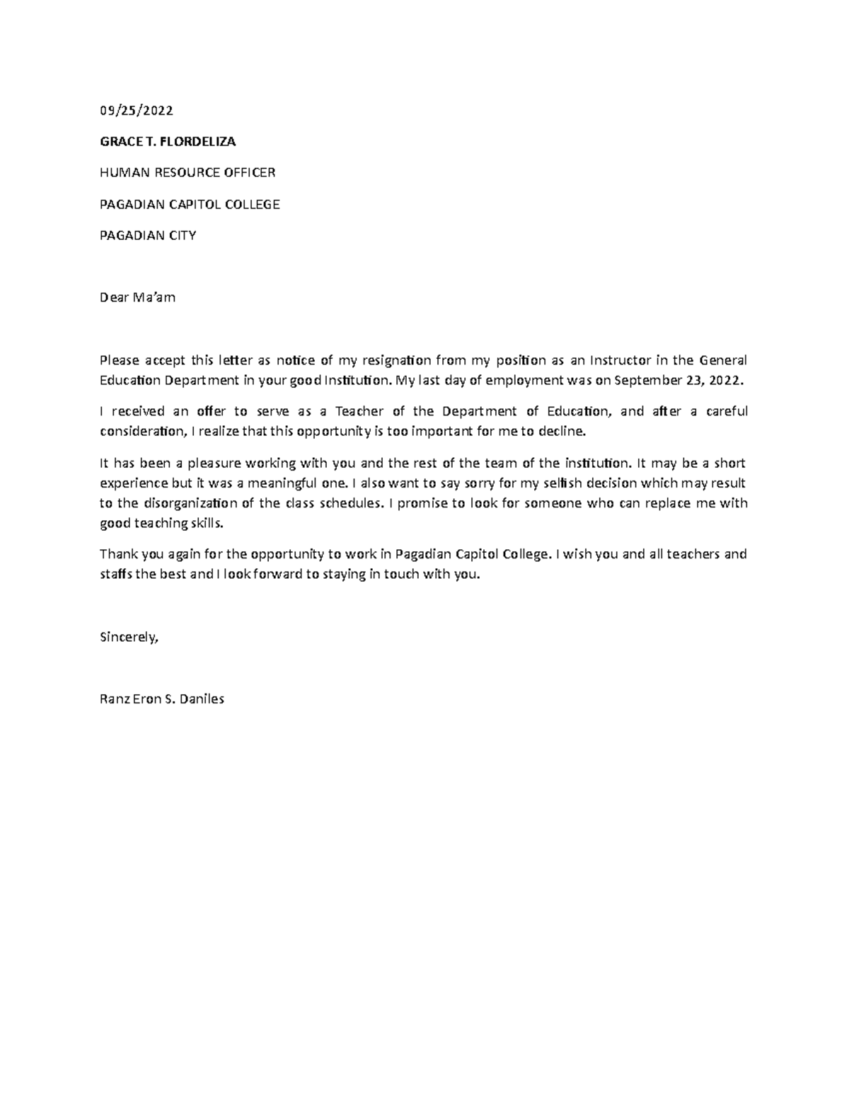 Resignation letter - 09/25/ GRACE T. FLORDELIZA HUMAN RESOURCE OFFICER ...