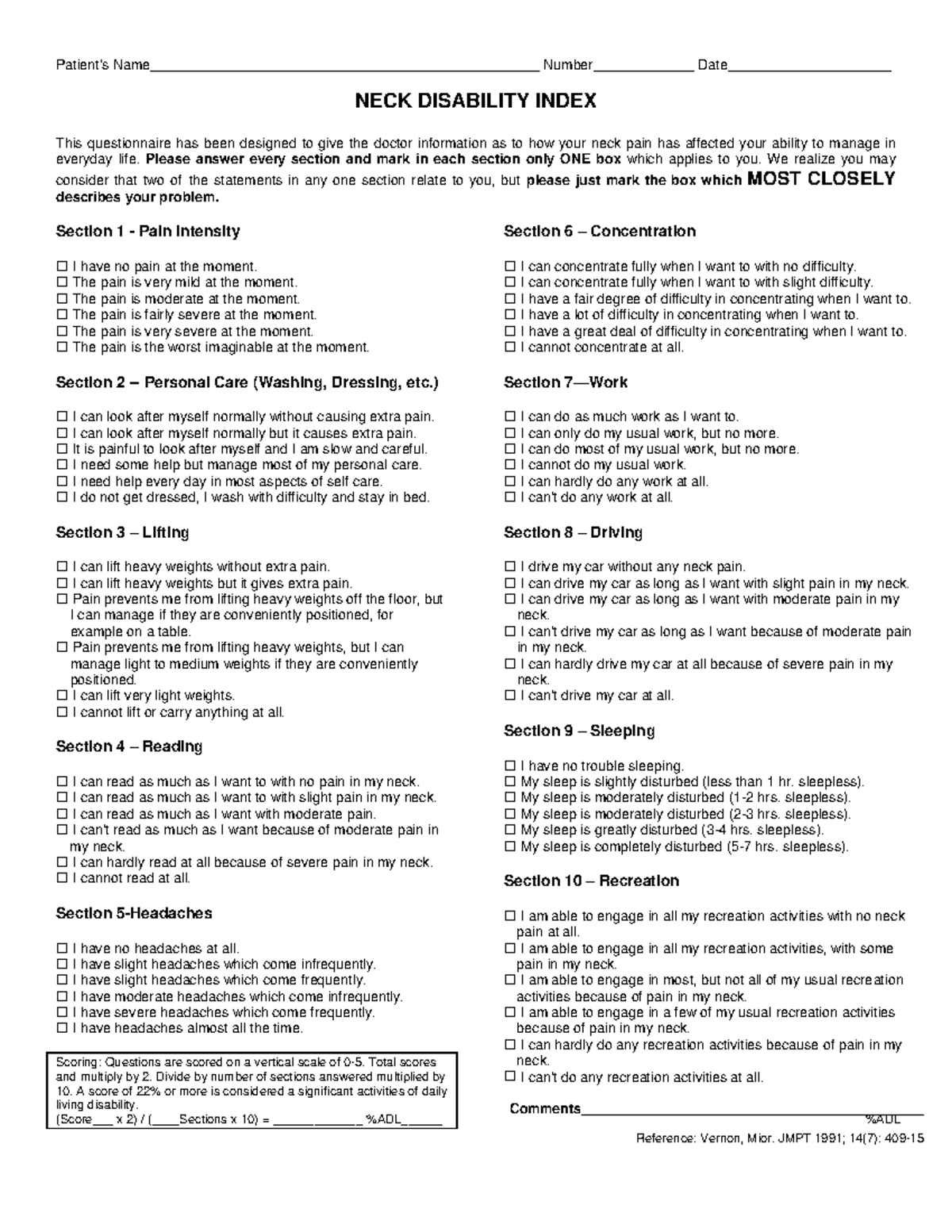 Neck Disability Index Patient's Name___ Number_____________ Date