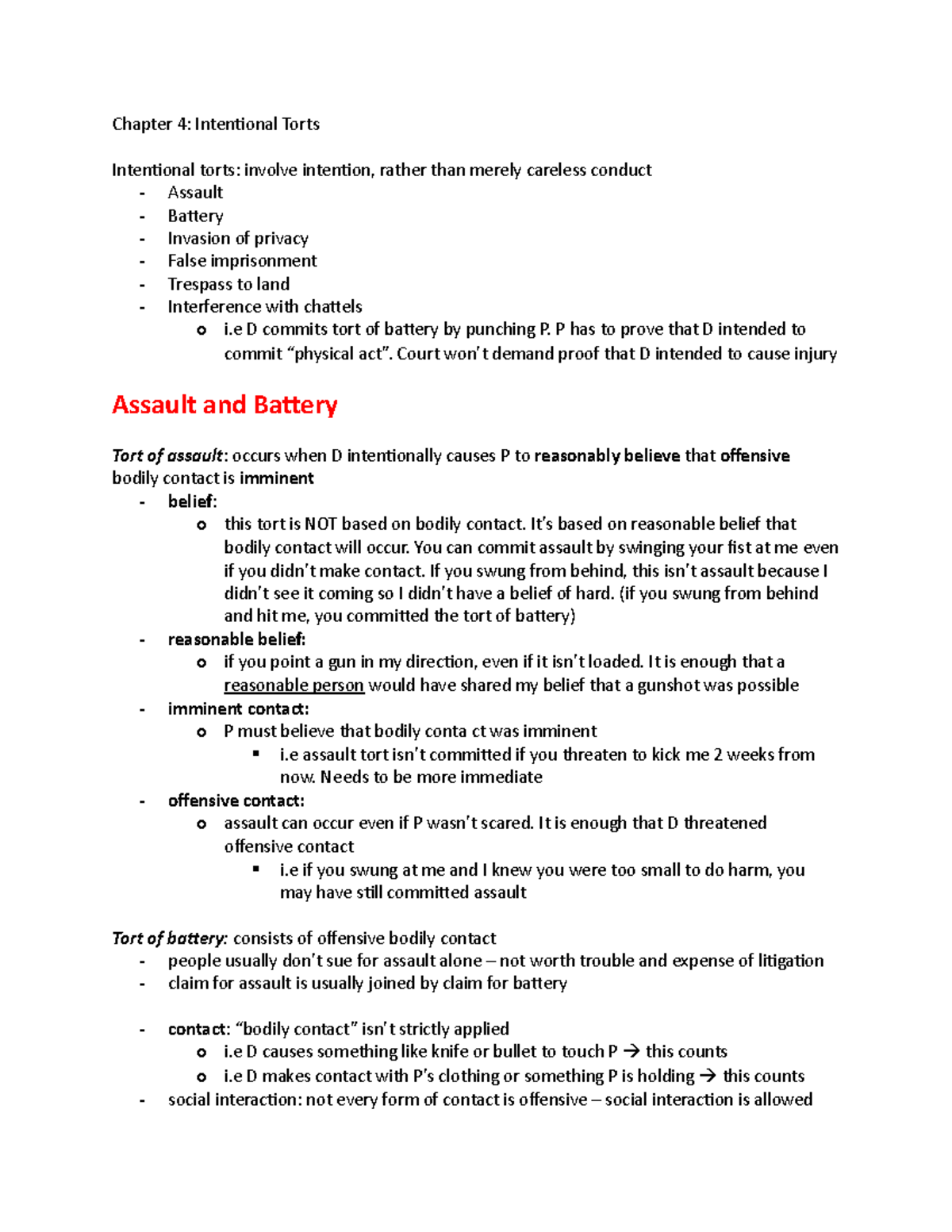 Law 122 - ch 4 - Chapter 4 notes - Chapter 4: Intentional Torts ...