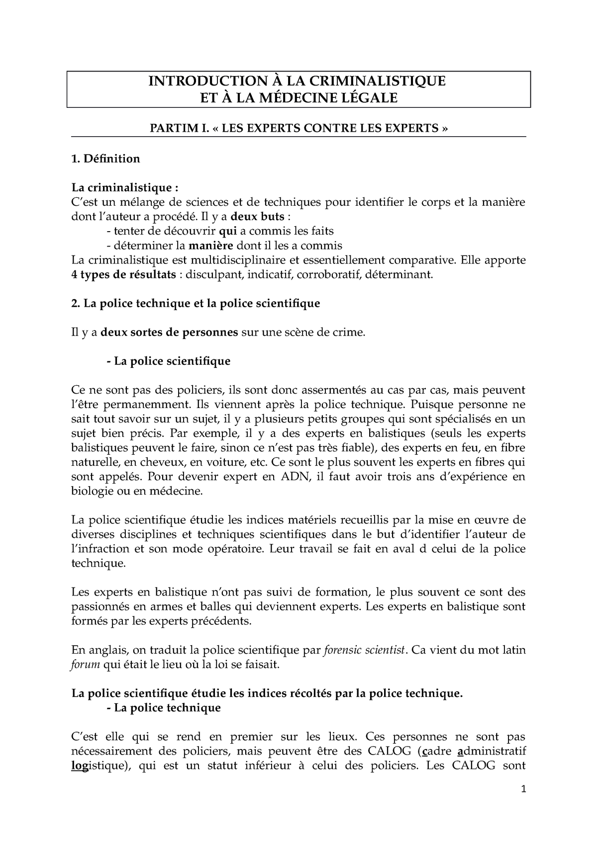 Introduction A La Criminalistique Et A La Medecine Legale Notes De Cours Studocu