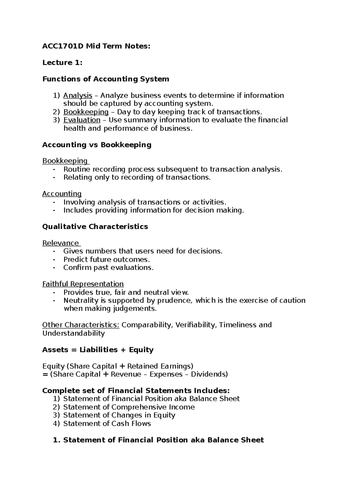 Acc Notes - ACC1701D Mid Term Notes: Lecture 1: Functions of Accounting ...